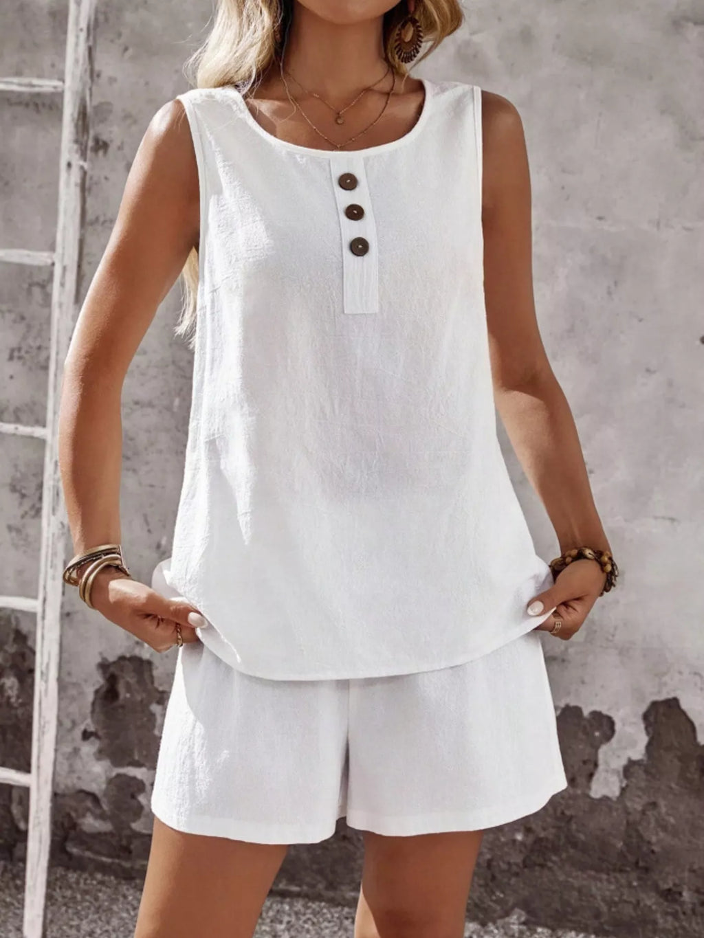 Decor Button Round Neck Tank and Shorts Set