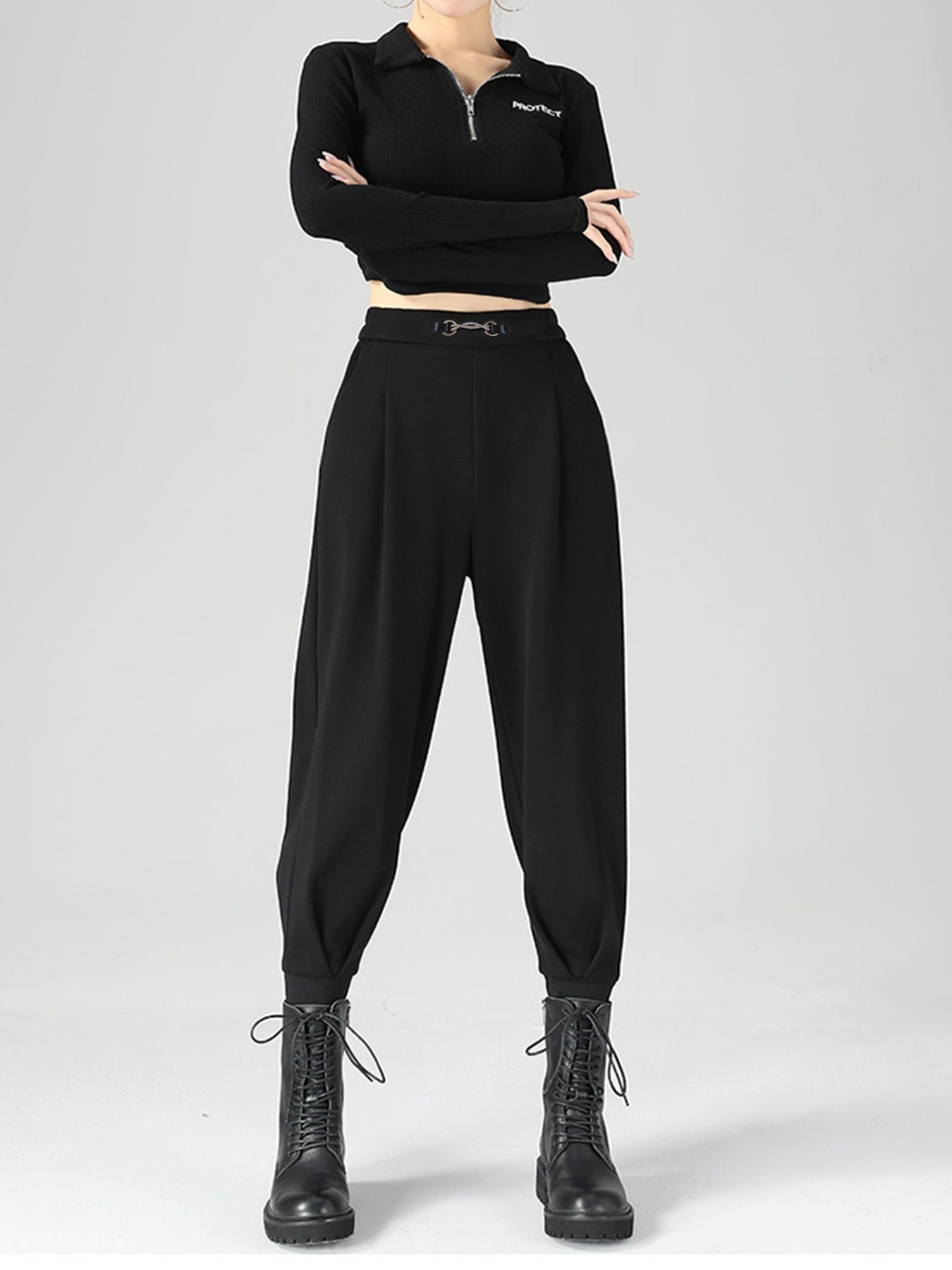 High-Waisted Buckle Detail Tapered Pants