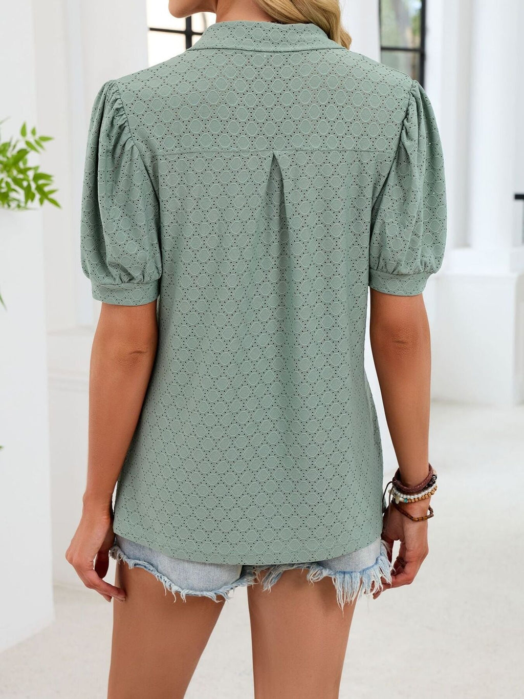 Eyelet Johnny Collar Puff Sleeve Top