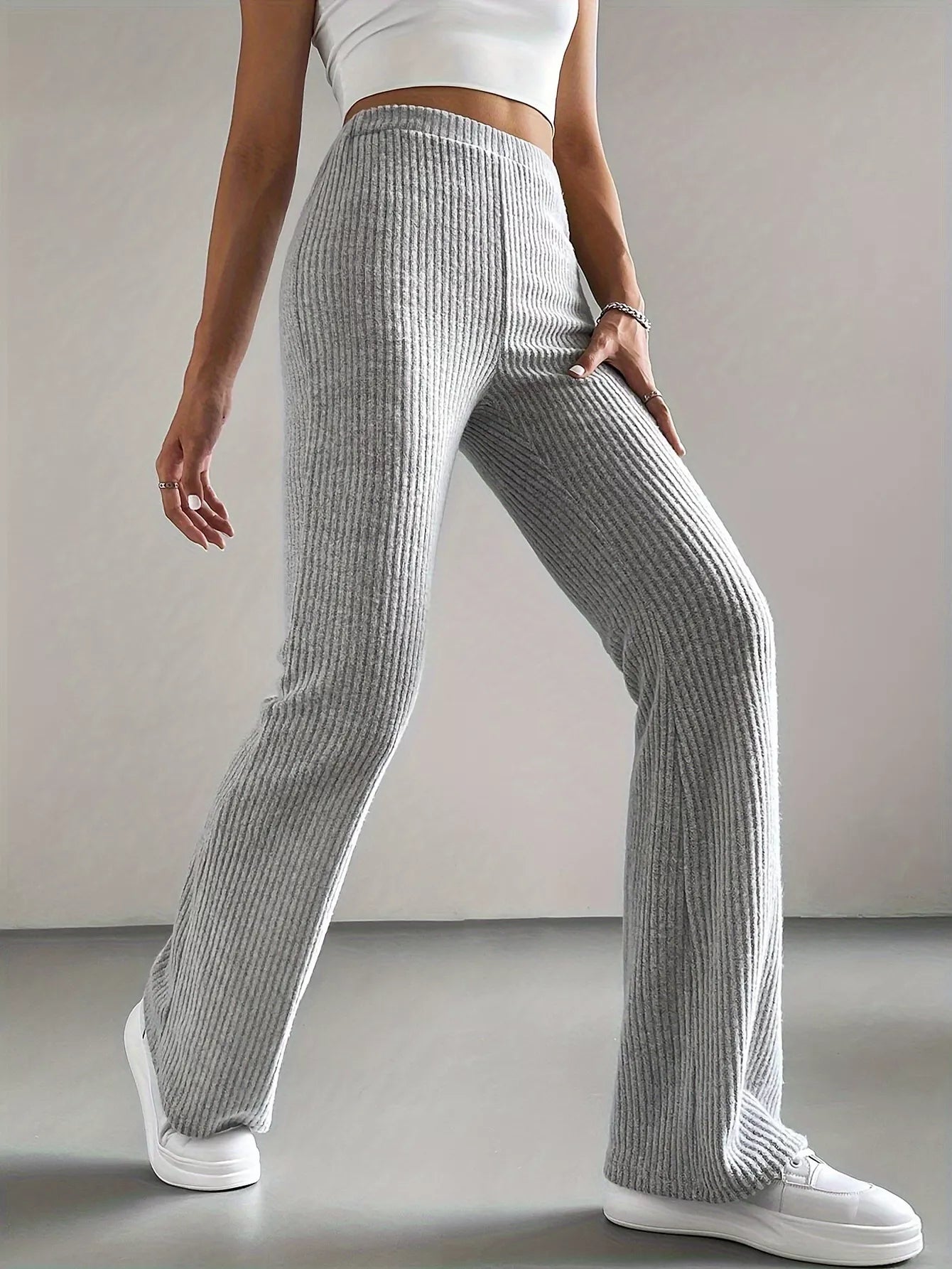 Ribbed Knit High Waist Flare Pants