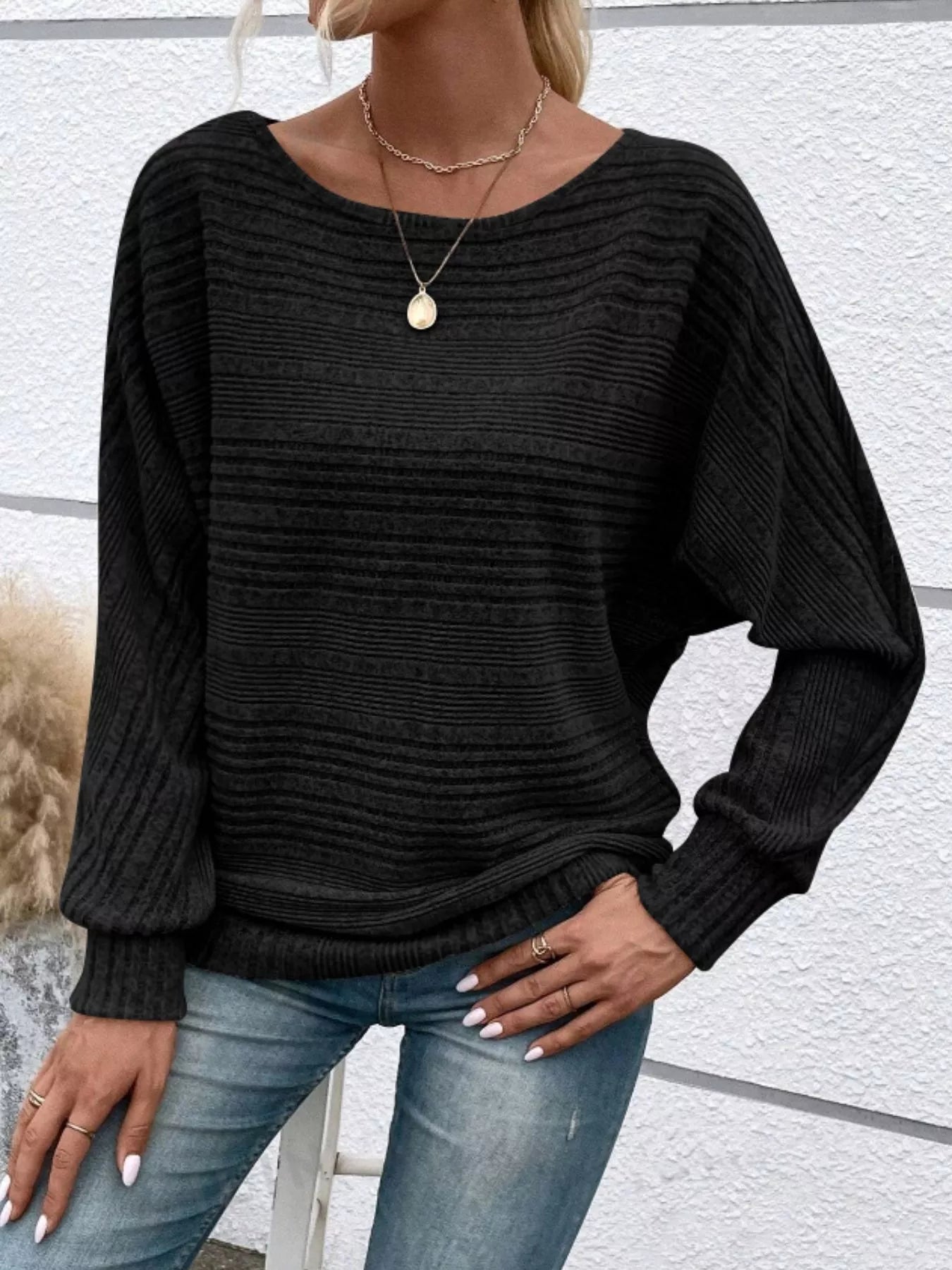 Ribbed Round Neck Long Sleeve Top