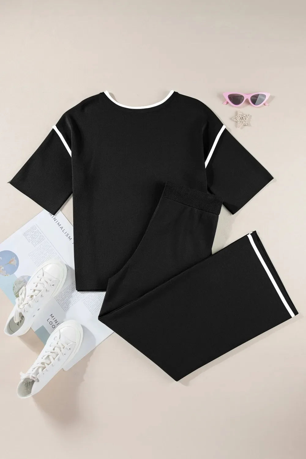 Contrast Trim Round Neck Top and Pants Set
