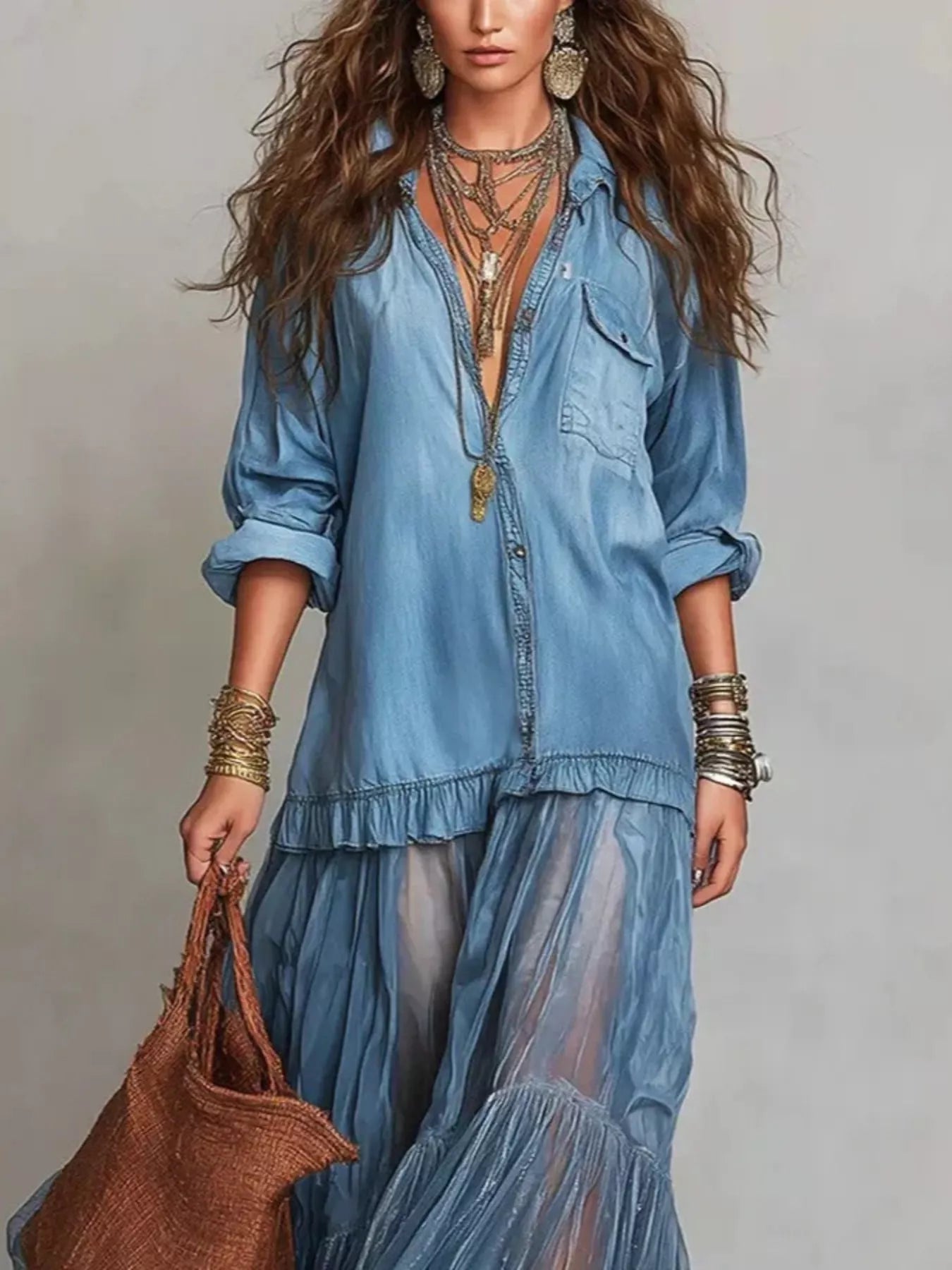 Long Sleeve Sheer Ruffle Maxi Dress