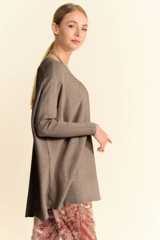 Davi & Dani Round Neck Dropped Shoulder Long Sleeve Knit Top