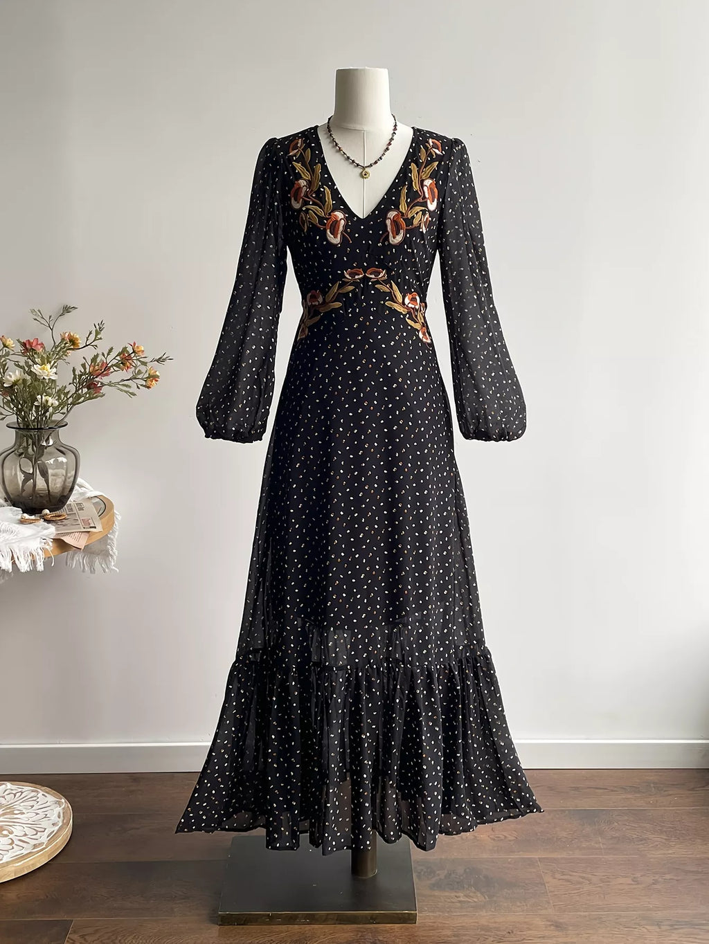 Plus Size Floral Embroidered Polka Dot Maxi Dress