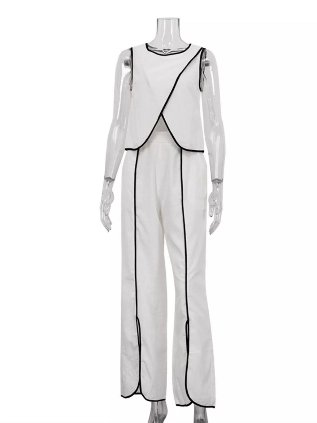 Contrast Trim Sleeveless Top and Wide-Leg Pants Set