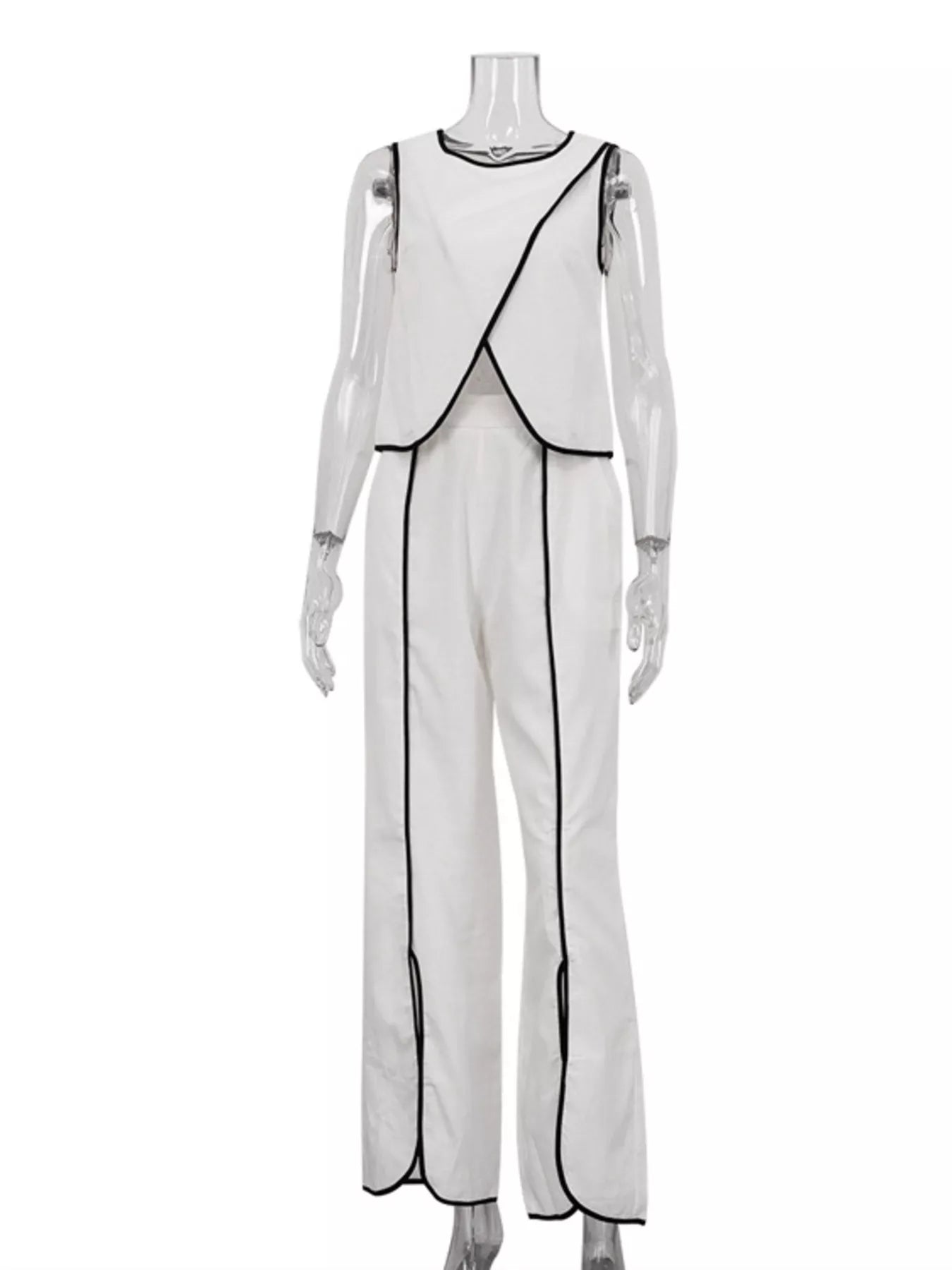 Contrast Trim Sleeveless Top and Wide-Leg Pants Set