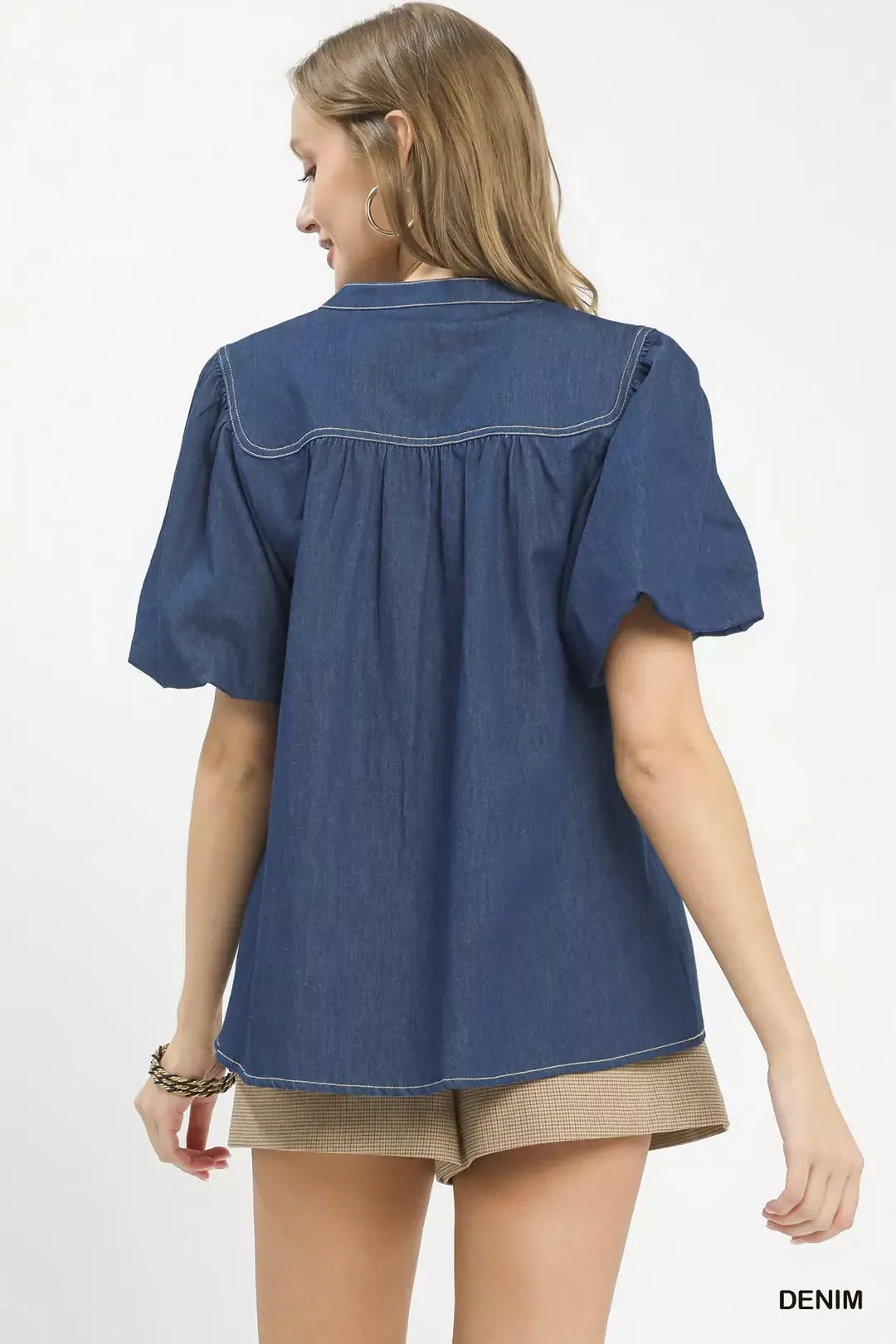 Umgee Denim Button Front Puff Sleeve Boho Blouse