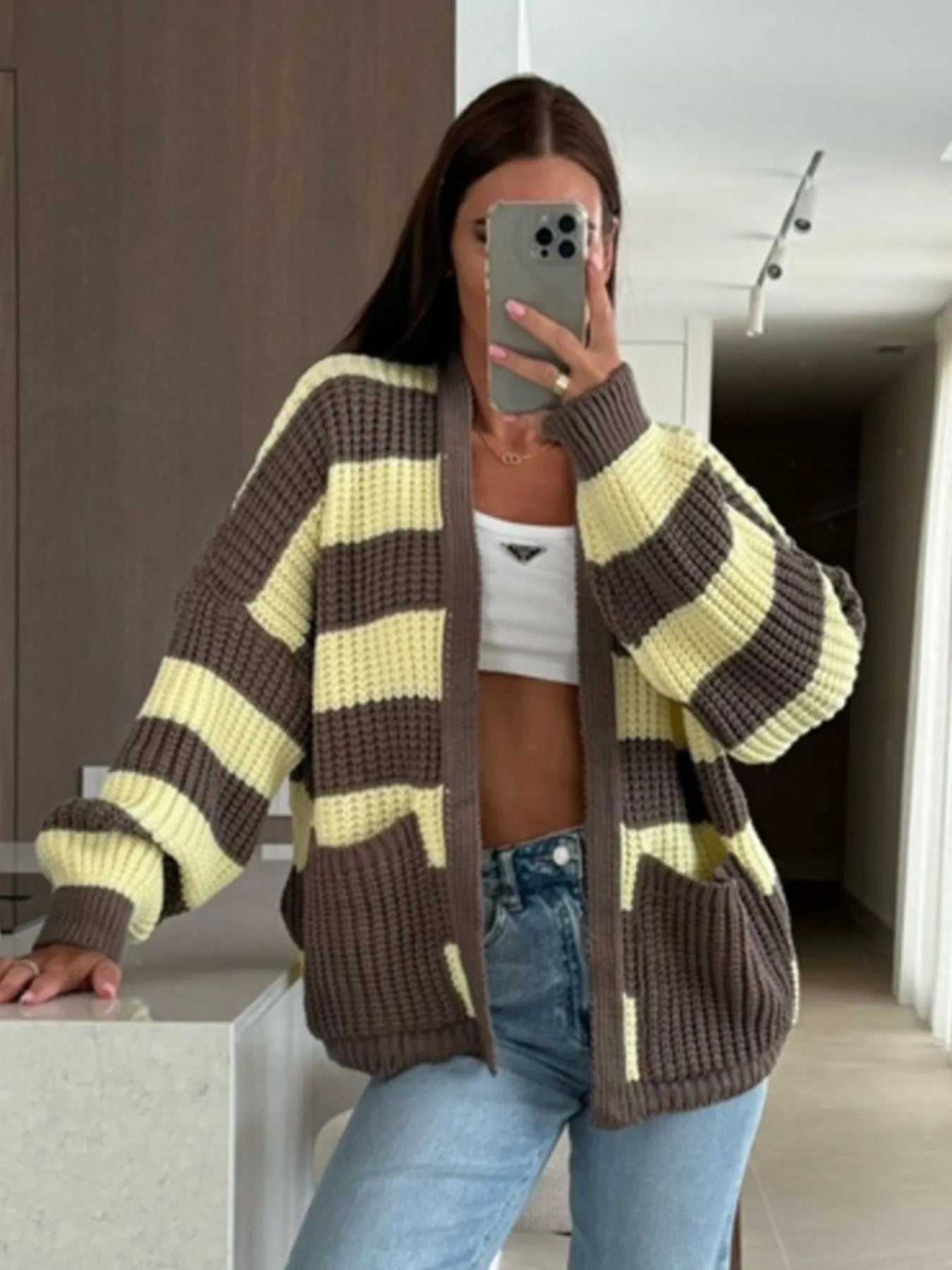 Striped Open Front Long Sleeve Cardigan