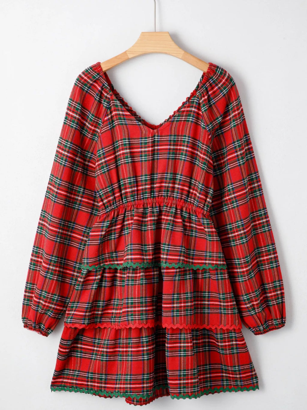 Plaid Print Ricrac Tiered Bubble Sleeve Mini Dress