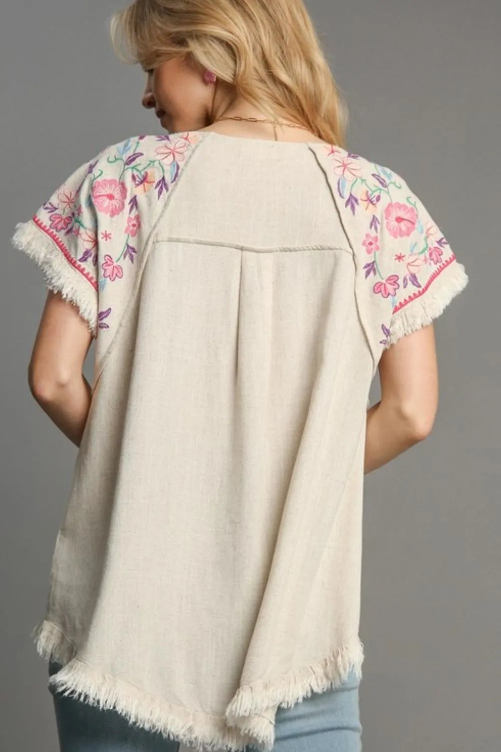 Umgee Full Size Linen Round Neck High Low Hem Frayed Top Plus Size