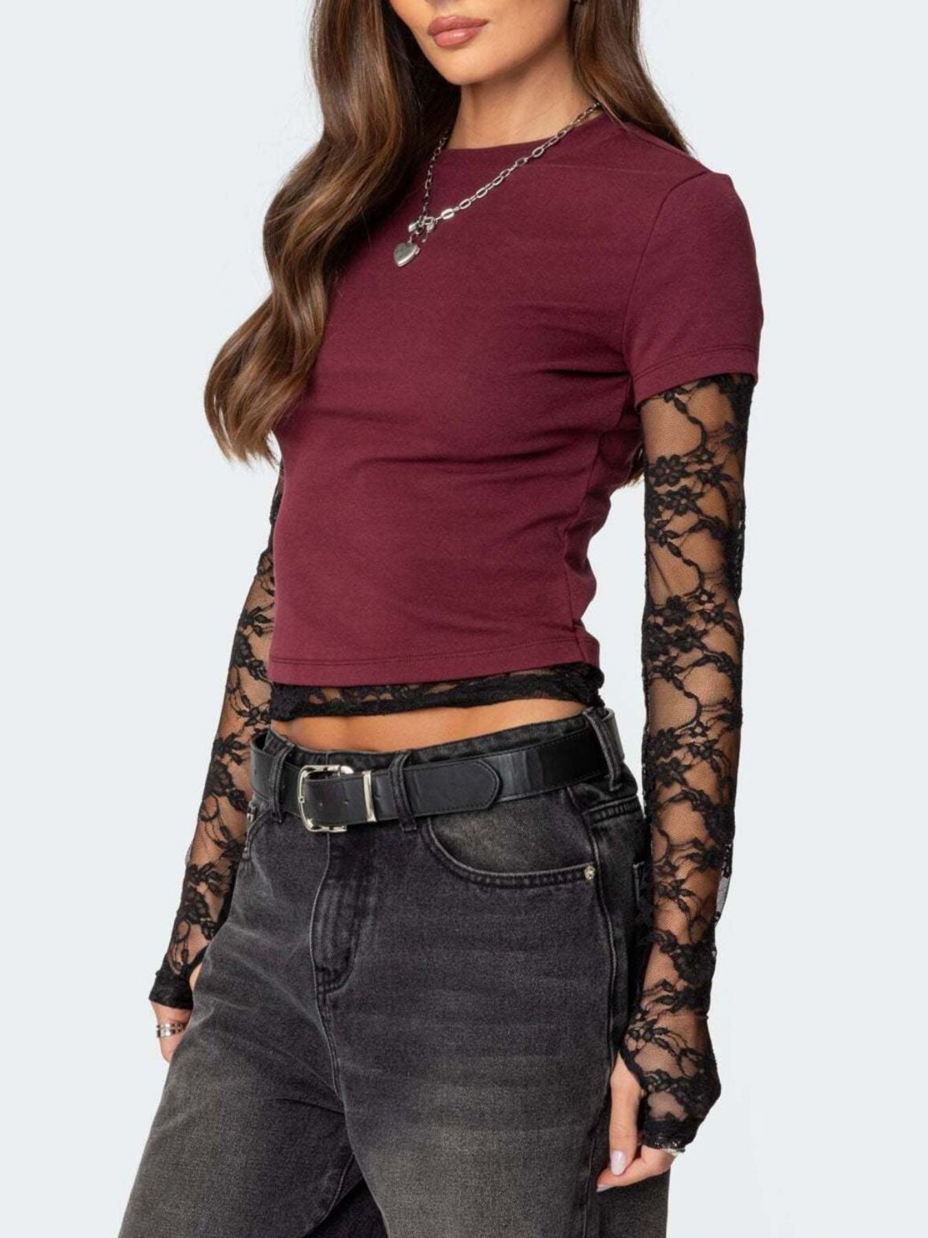 Lace Sleeve Fitted T-Shirt