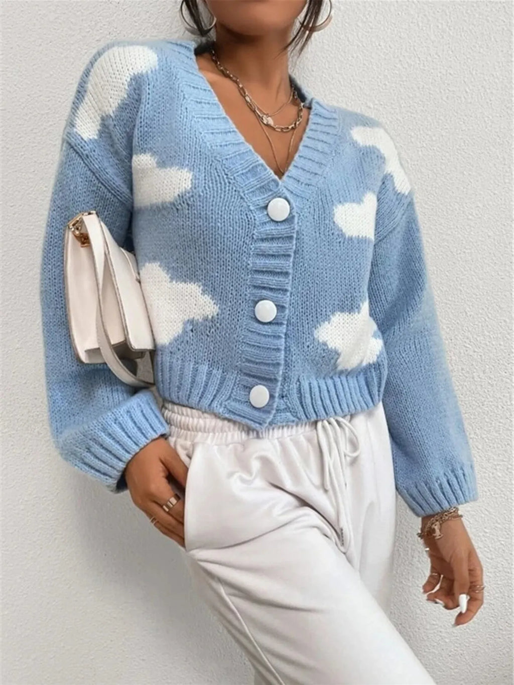 Contrast Cloud Pattern Cropped Button-Up Cardigan
