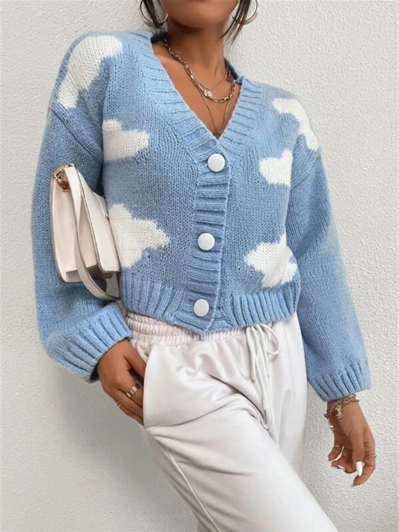 Contrast Cloud Pattern Cropped Button-Up Cardigan