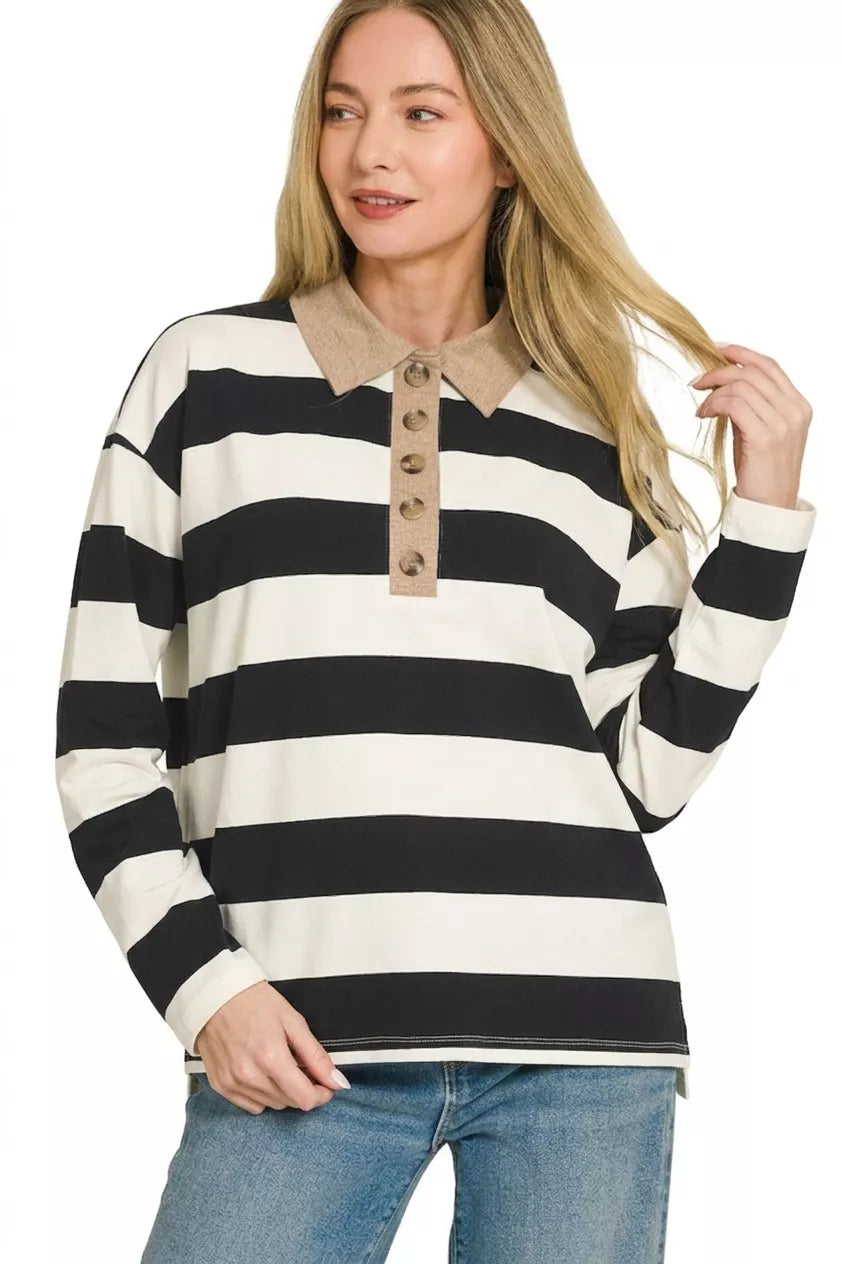Zenana Striped Contrast Collar Polo Tee
