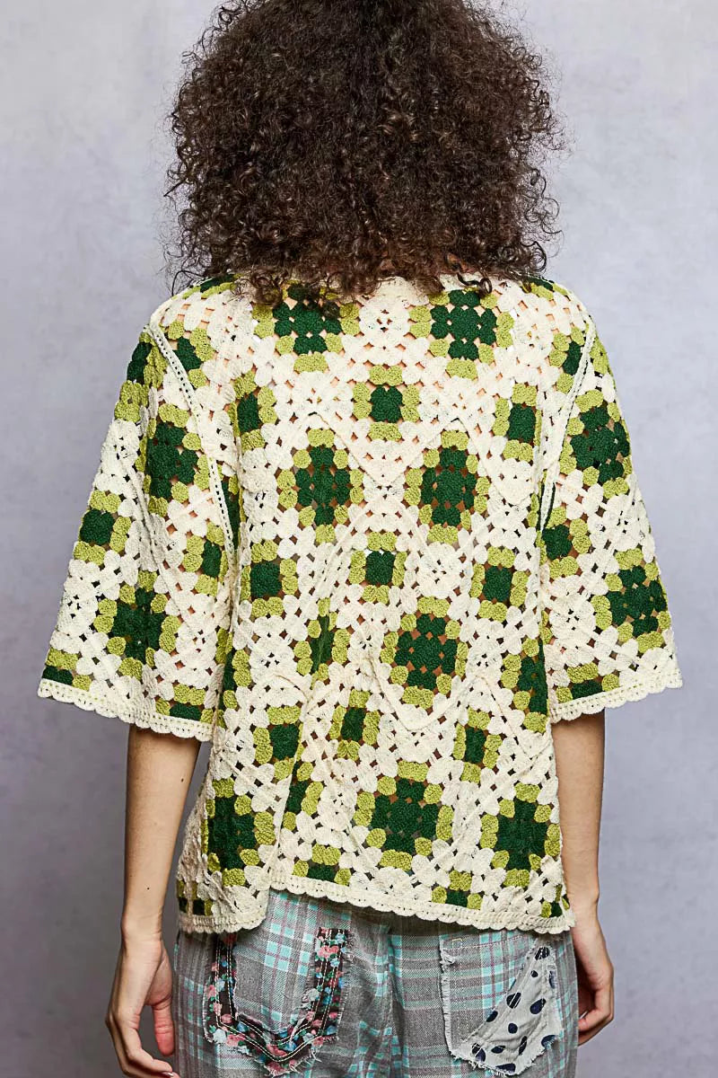 POL Round Neck Short Sleeve Color Pattern Crochet Top with Border Accents