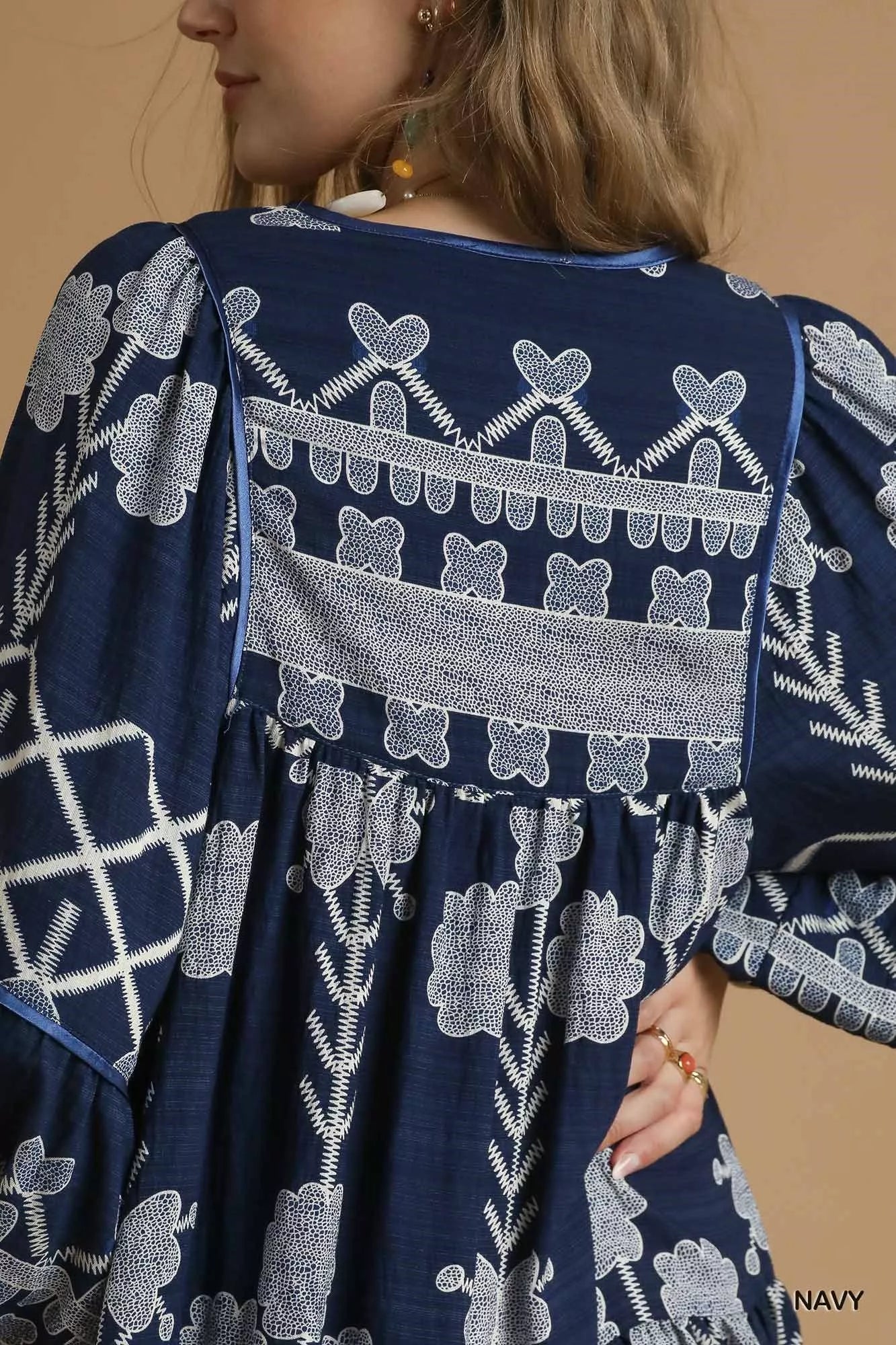 Umgee Tribal Print Dress with Tie Neck