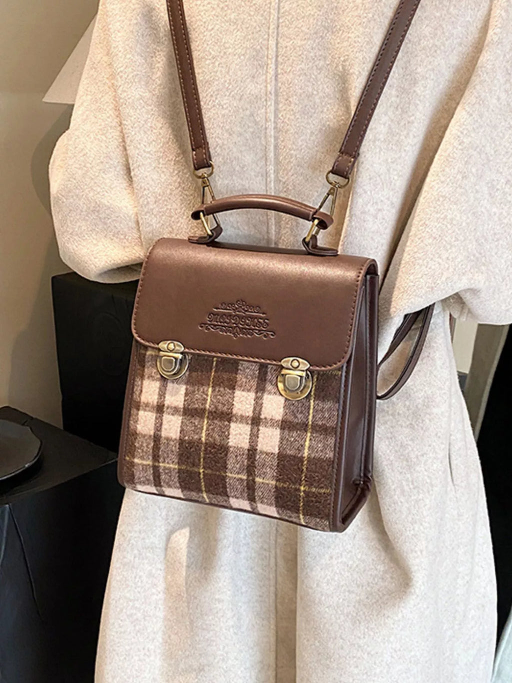 Vintage Plaid Flap Backpack Bag