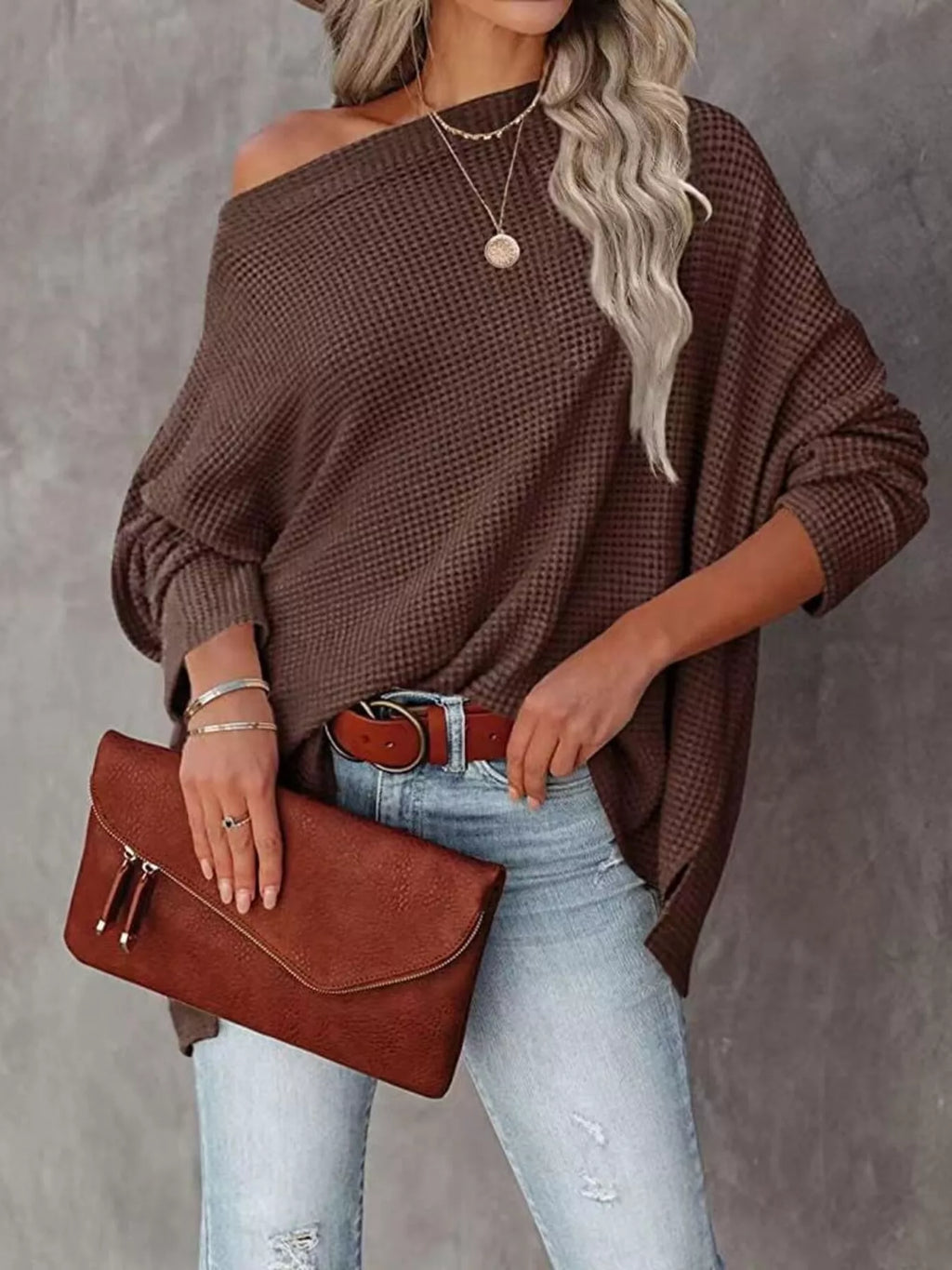 Waffle Knit Boat Neck T-Shirt