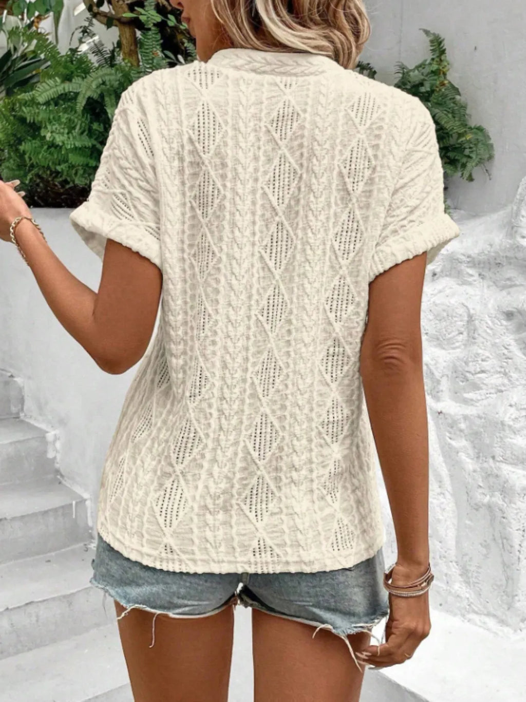 Openwork Notched Short Sleeve Blouse