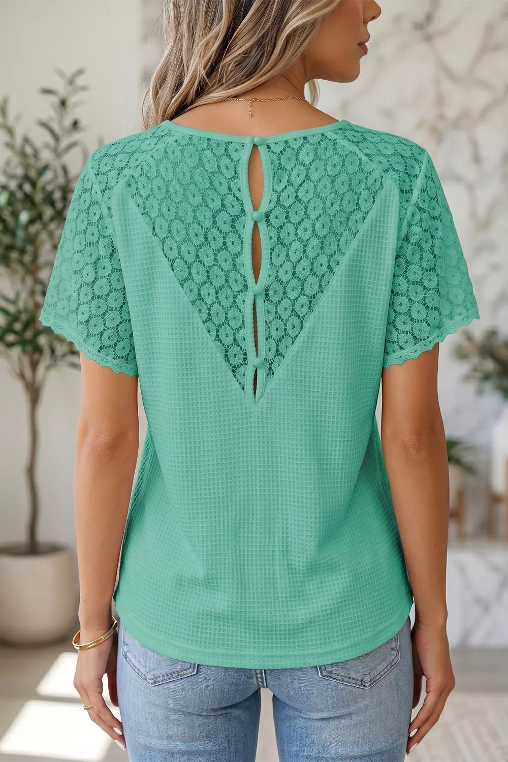 Lace Splicing Button Cutout V Neck Waffle Knit Blouse