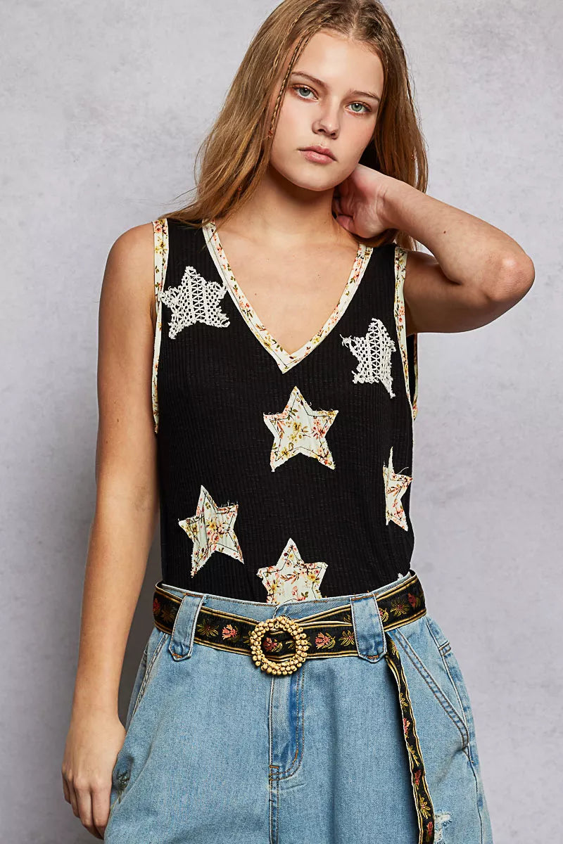 POL Washed Ribbed V-Neck Tank with Floral Print Star Patch