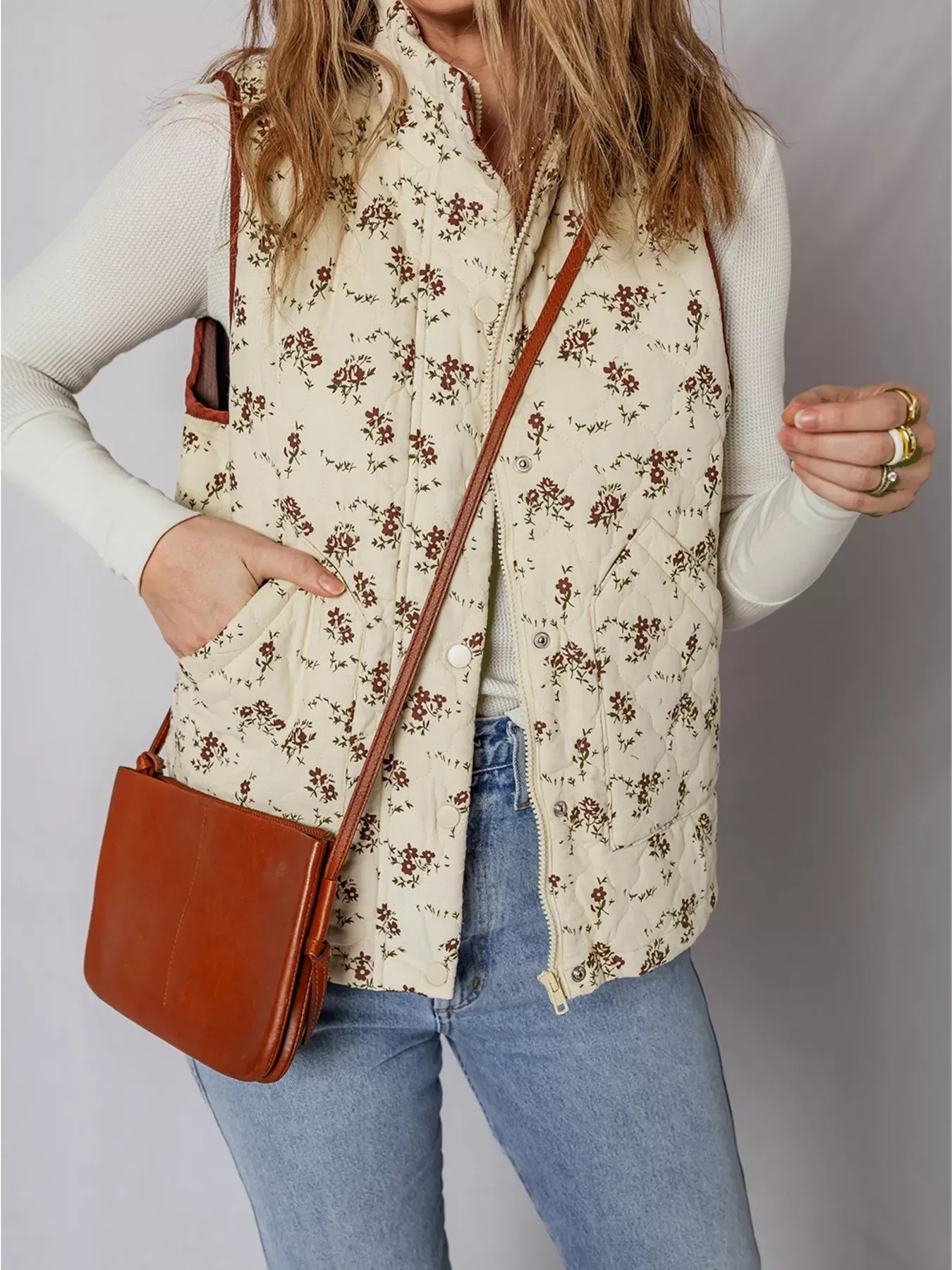 Floral Print Zip Up Quilted Vest