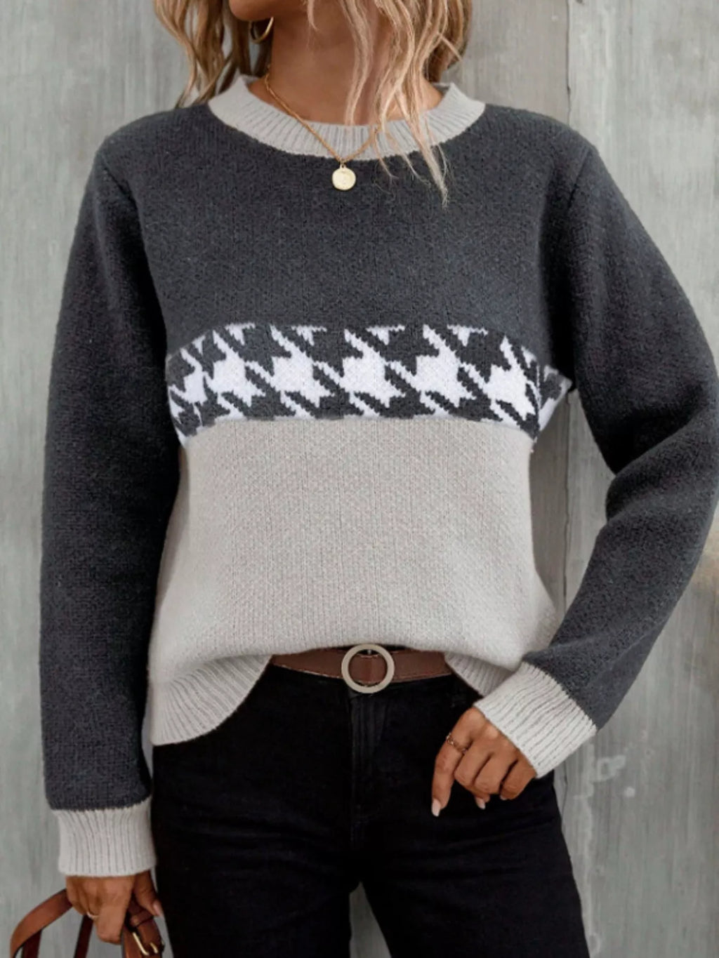 Color Block Houndstooth Sweater