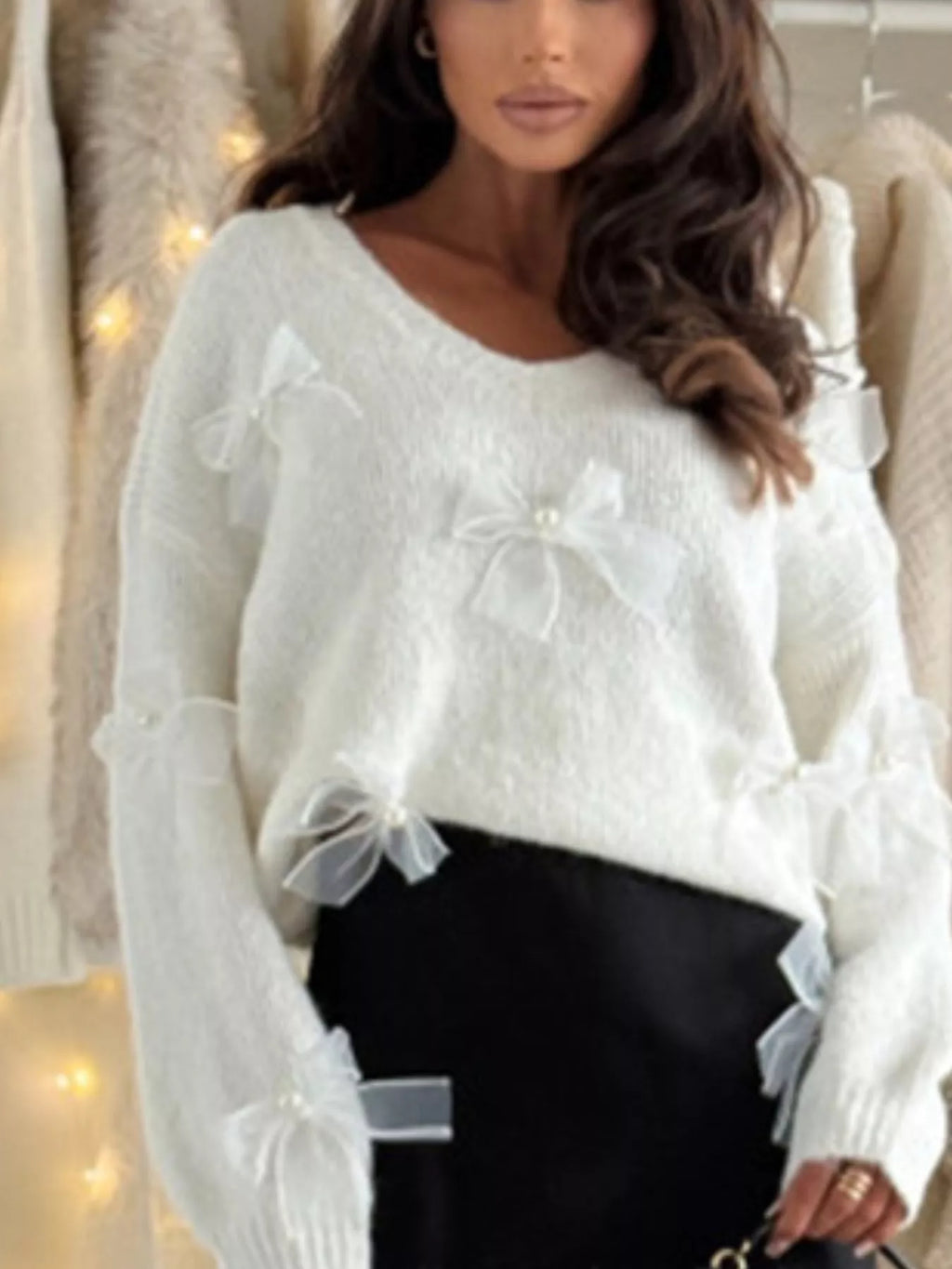 Bow-Decorated V-Neck Sweater