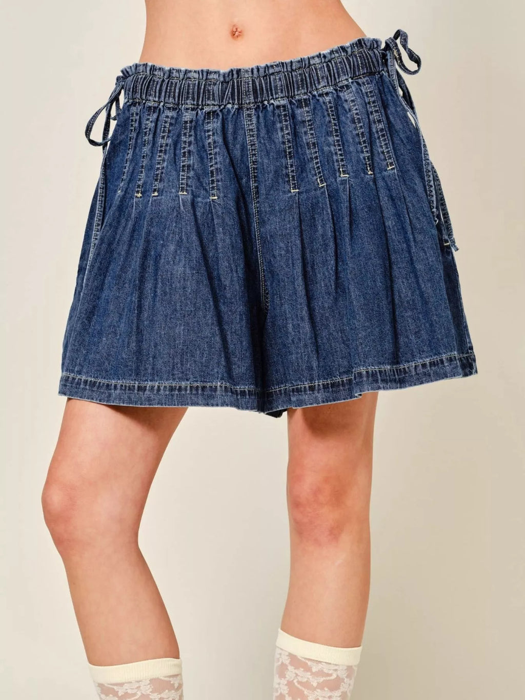 Pleated Elastic Waist Denim Shorts