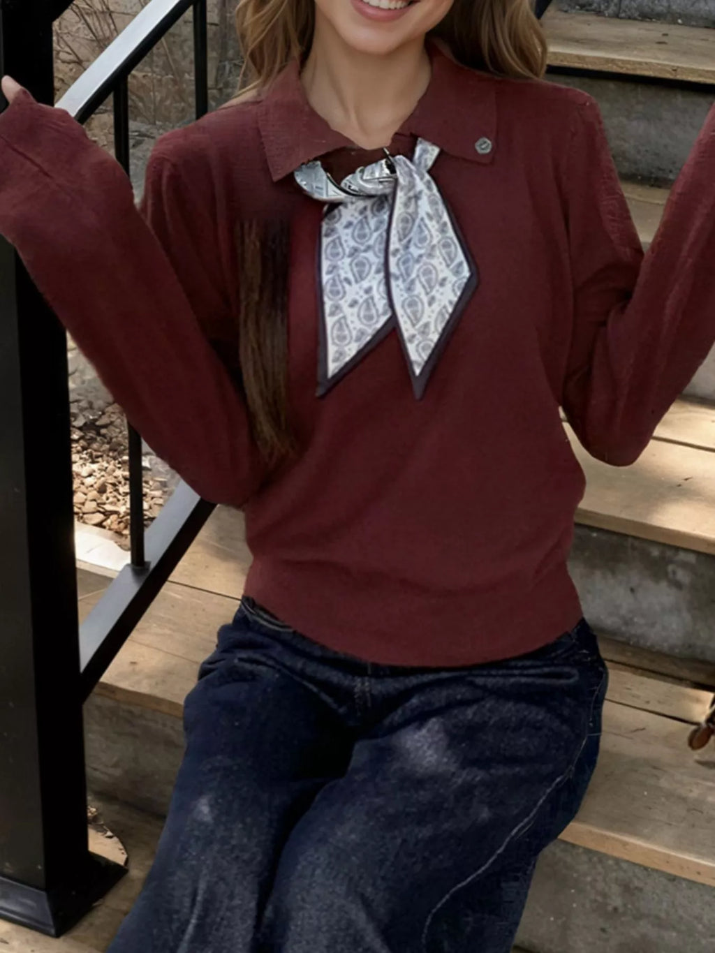 Scarf-Accented Long Sleeve Sweater