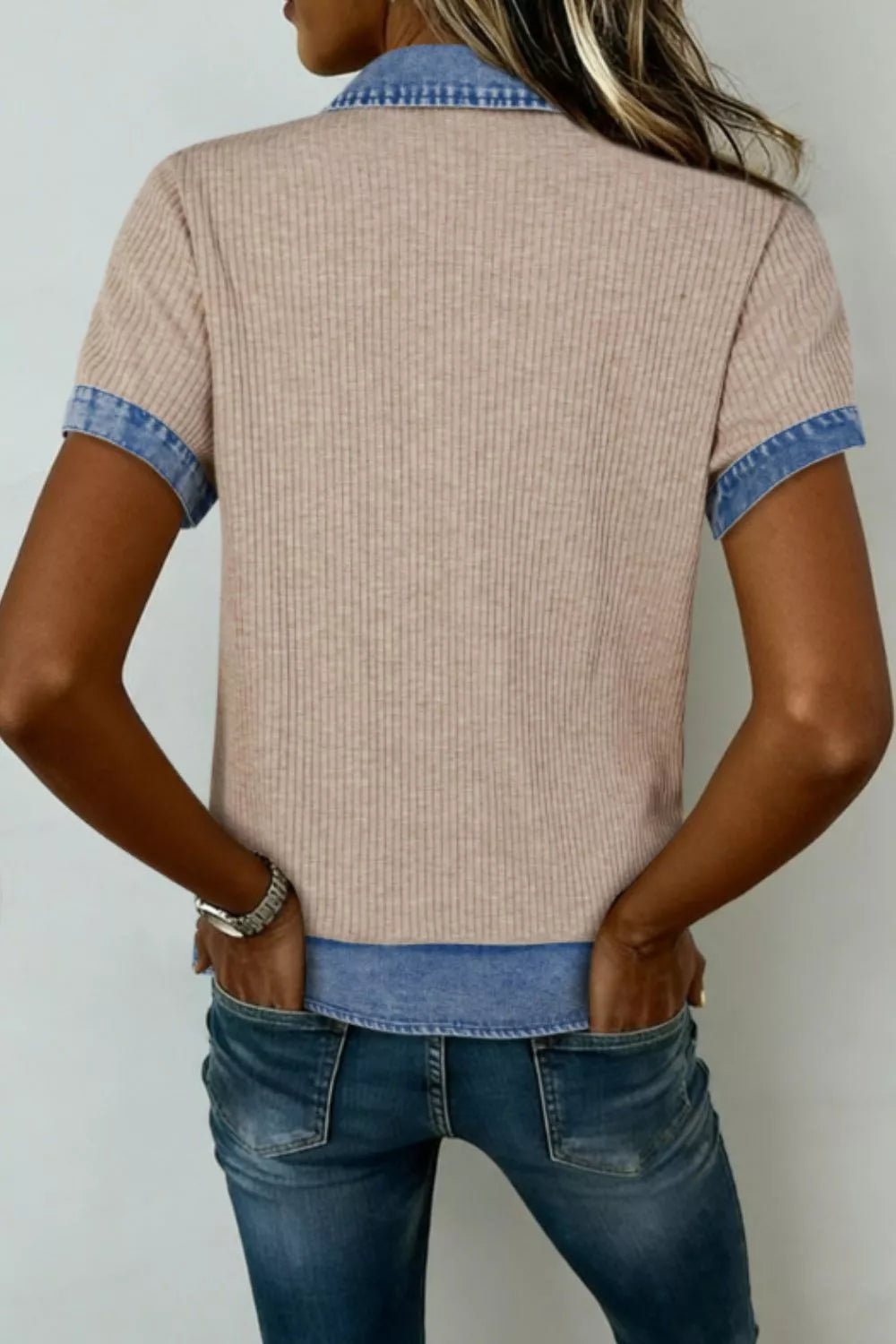 Ribbed Knit Contrast Denim Collar Top