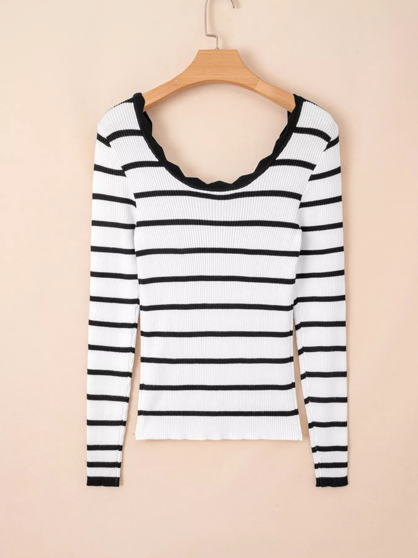 Scalloped Trim U Neck Striped Ribbed Slim Knit Top