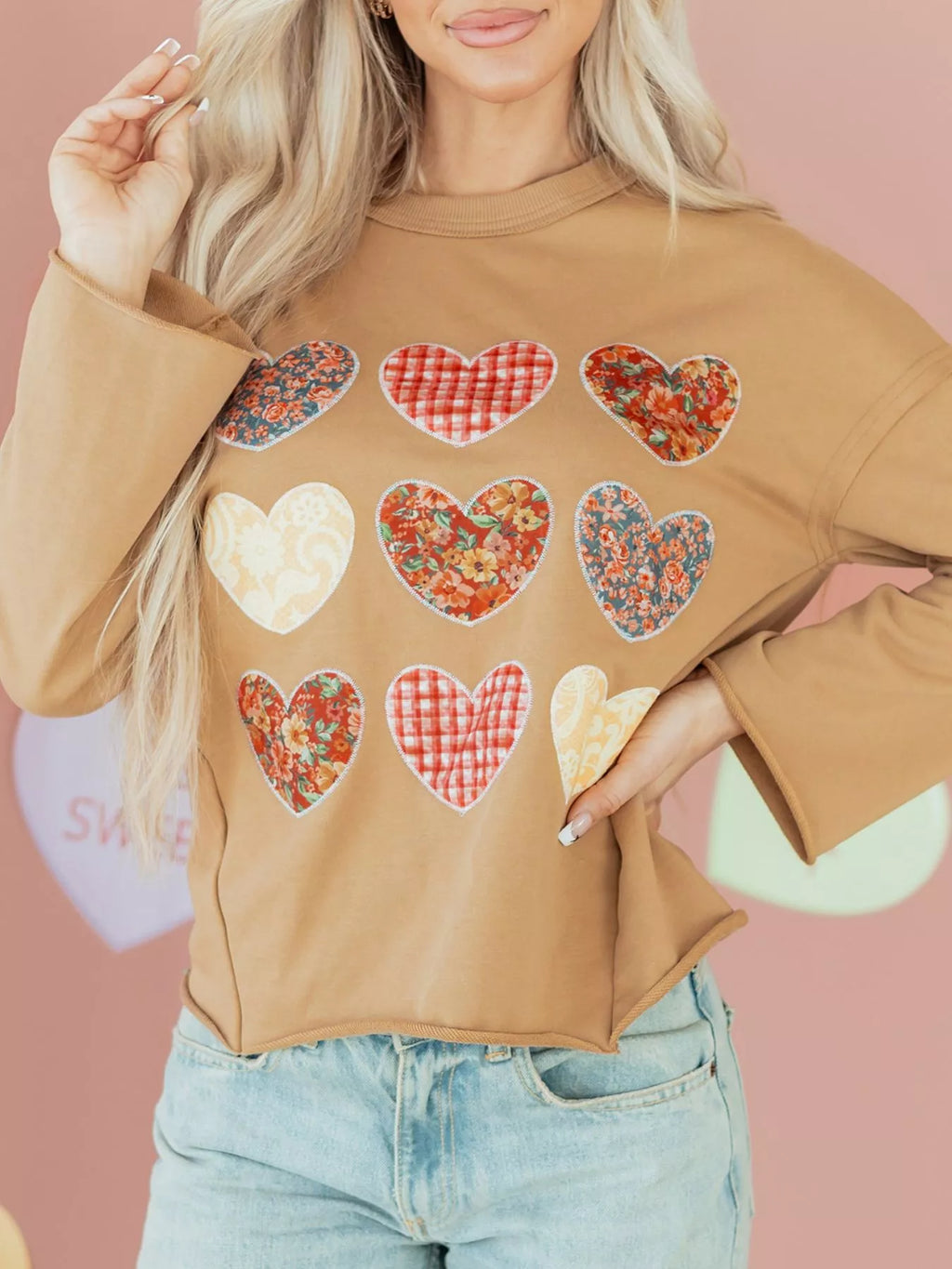 Plaid Floral Heart Stitched Exposed Seam Mineral Wash Sweatshirt
