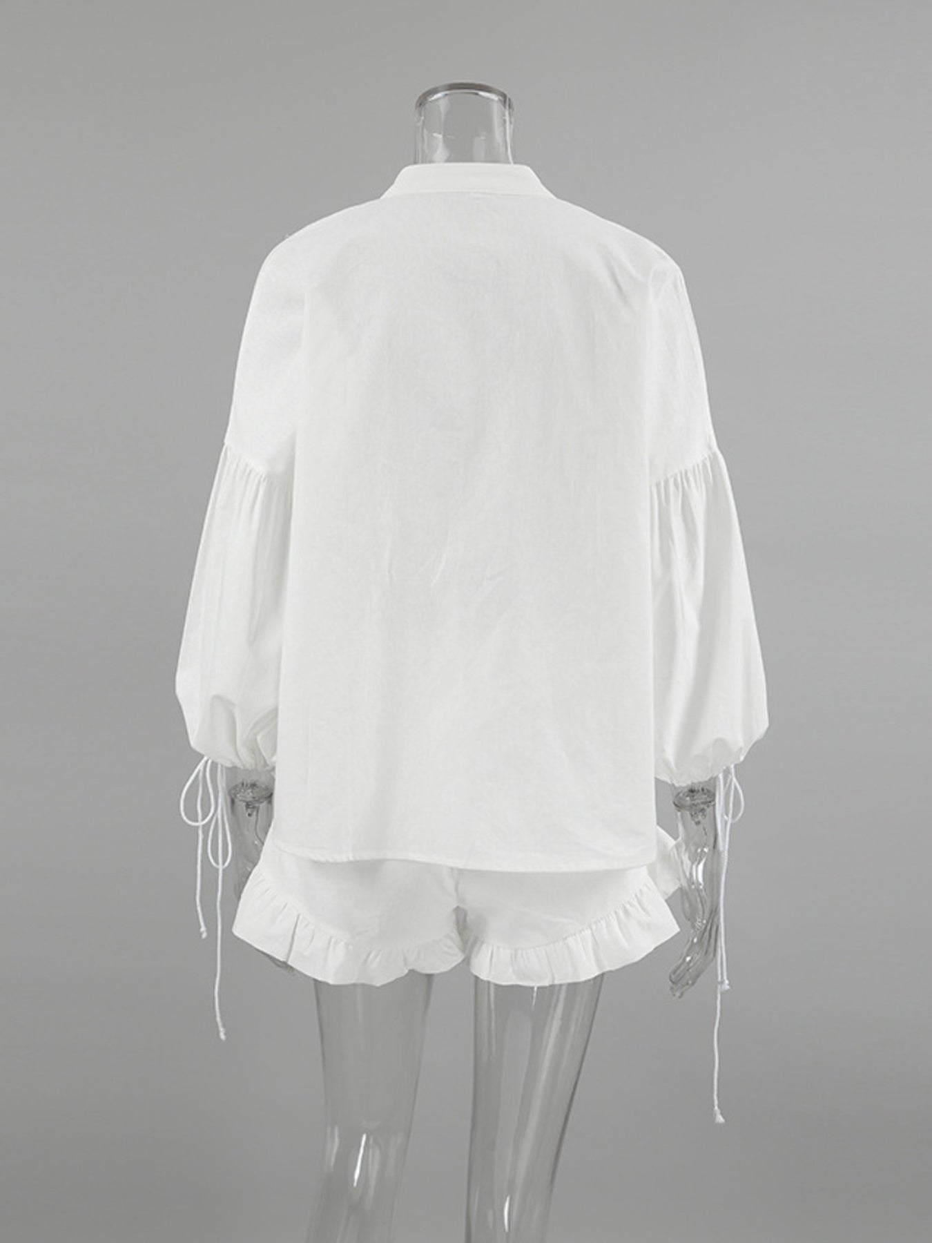 Tie Neck Balloon Sleeve Blouse and Shorts Set