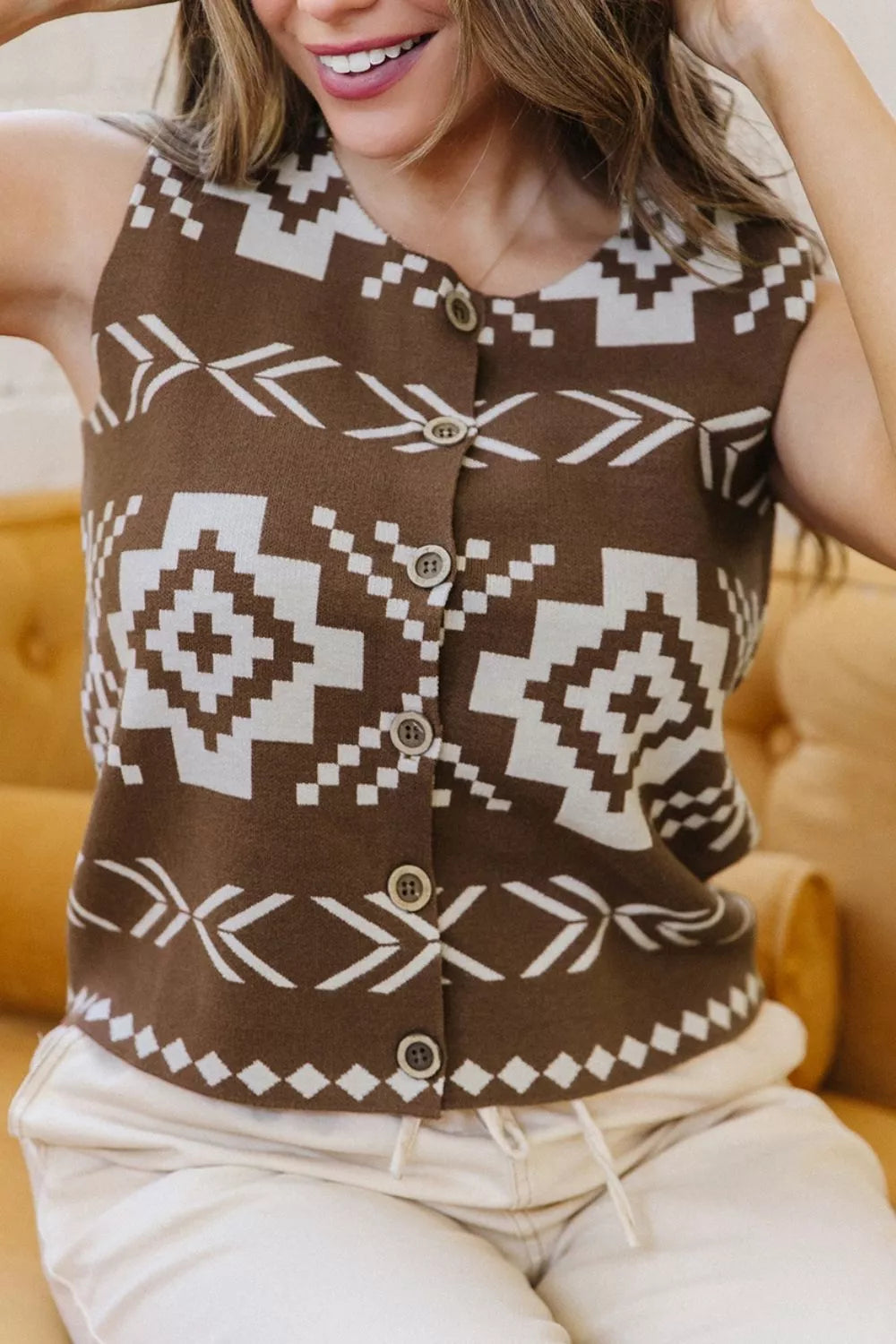 Western Geometric Pattern Sleeveless Knit Sweater Vest