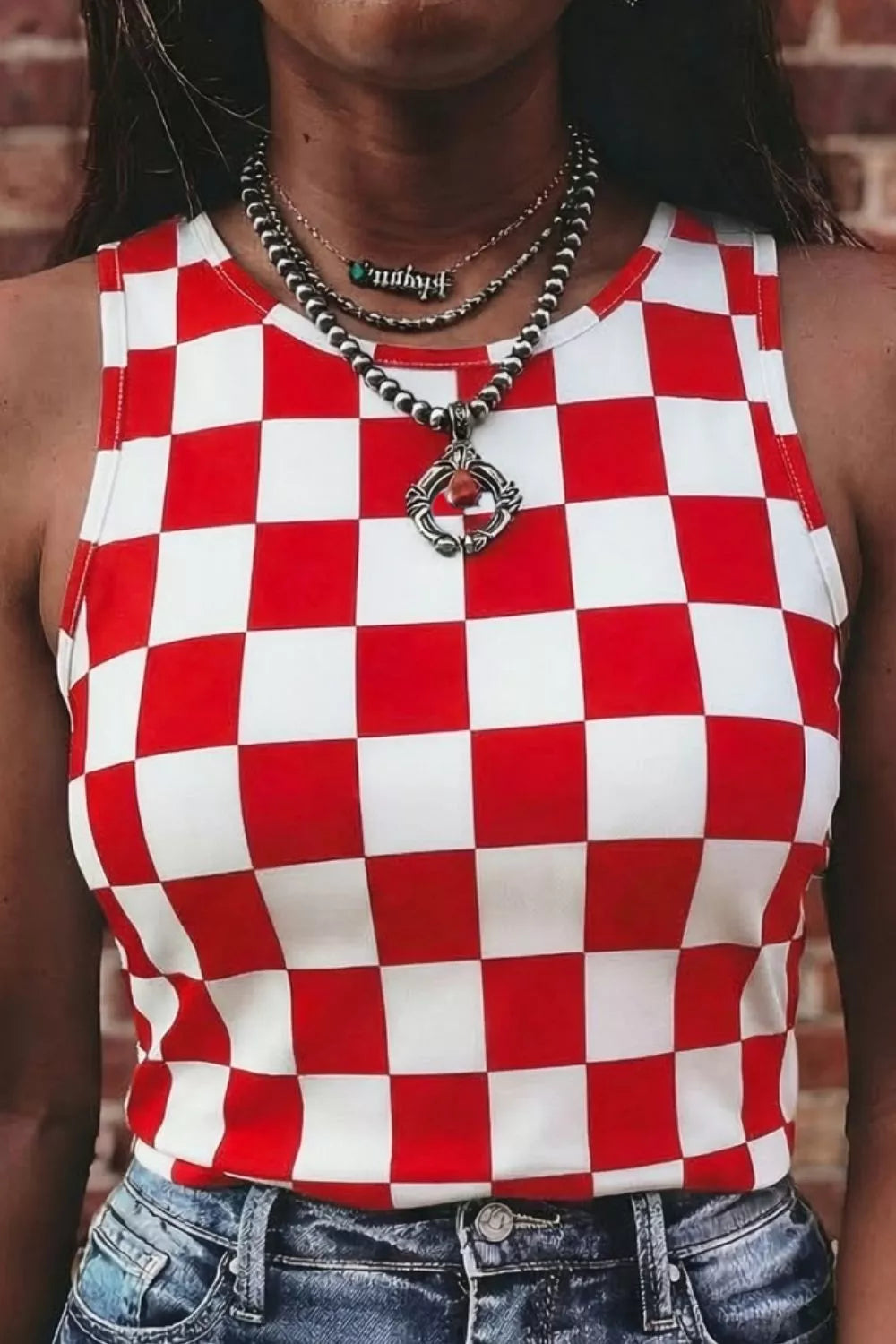 Checkered Print Round Neck Tank