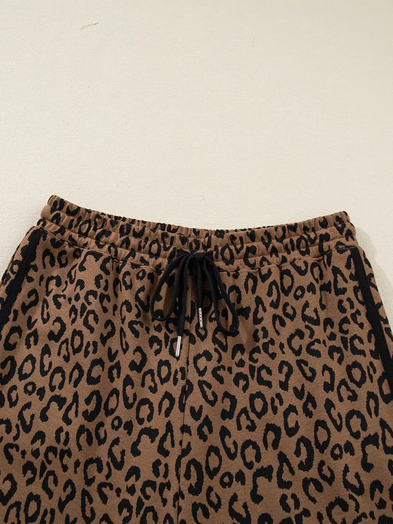 Striped Trim Leopard Long Sleeve Top Drawstring Pant Set