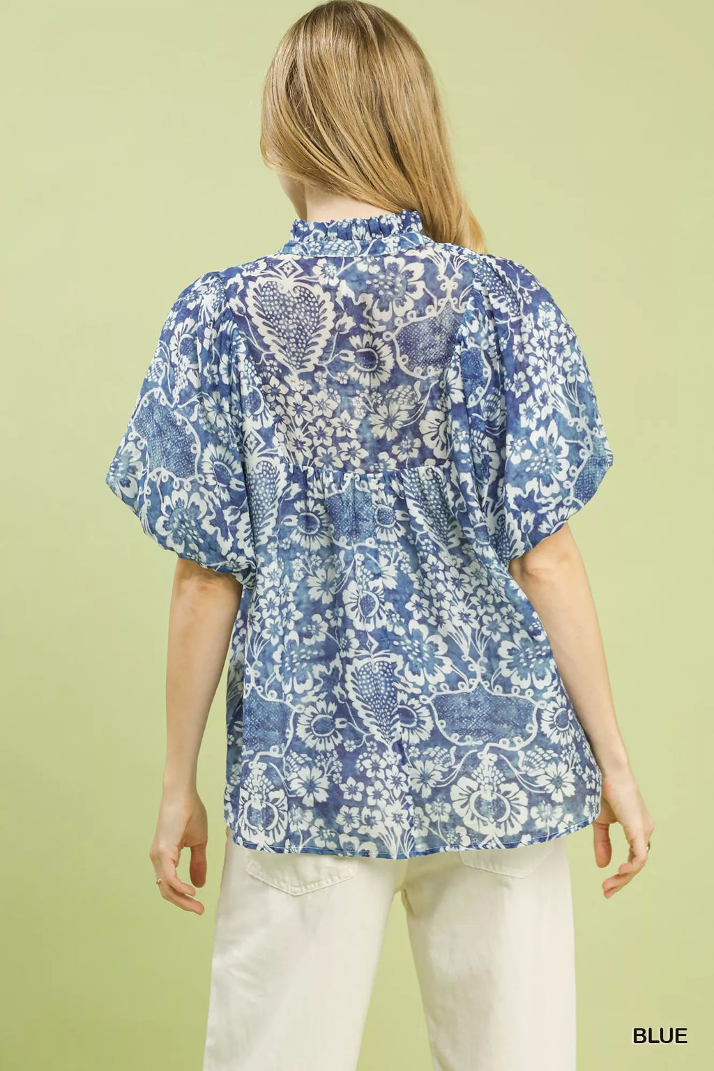 Umgee Abstract Print Ruffled Puff Sleeve Top