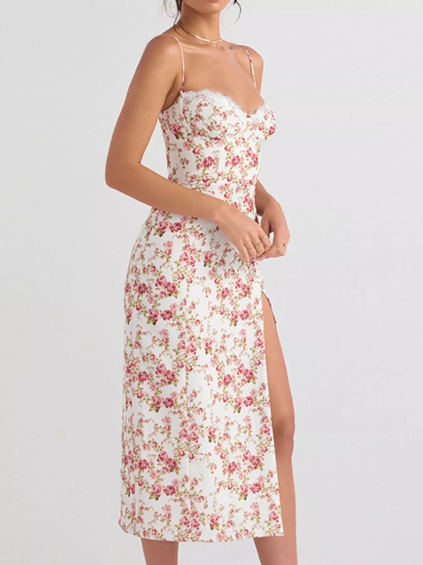 Floral Print Lace Trim Slit Midi Dress