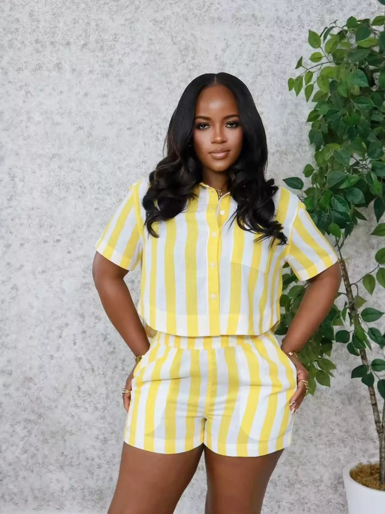 Striped Button Up Top and Shorts Set