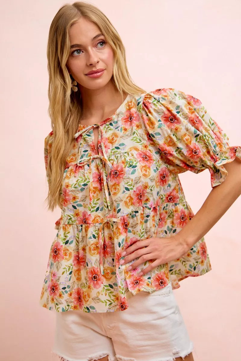 BiBi Flower Printed Shirring Detail Blouse Top