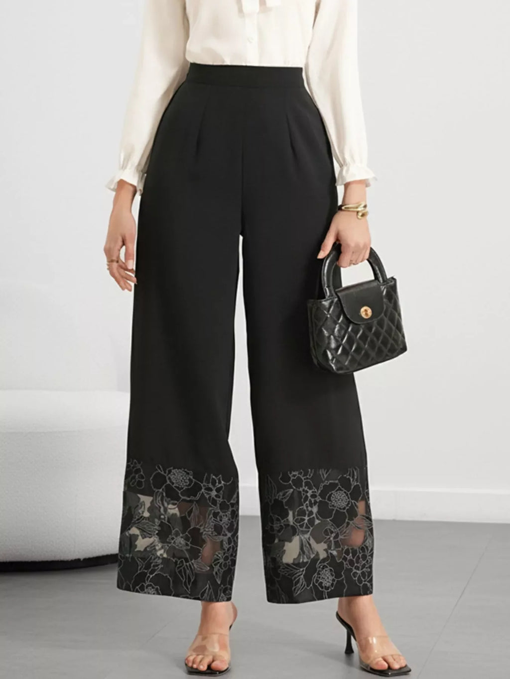 Floral Lace Hem Wide Leg Pants