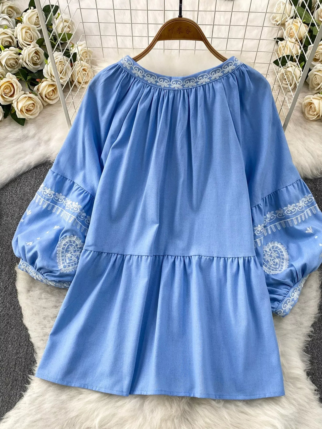 Embroidered Tie Neck Blouse