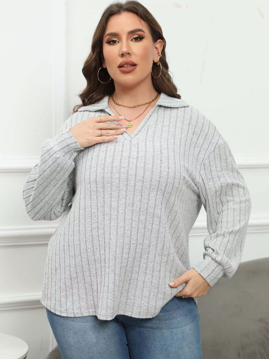 Plus Size Ribbed Knit Polo Collar T-Shirt