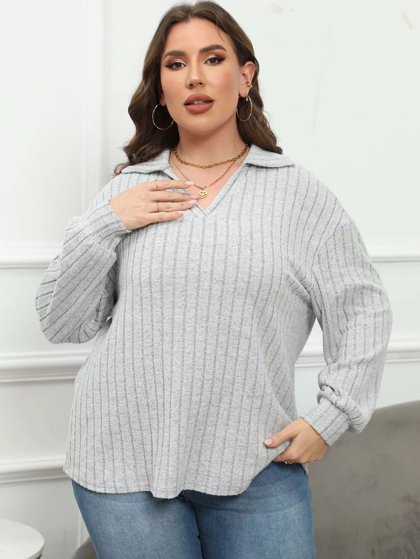 Plus Size Ribbed Knit Polo Collar T-Shirt