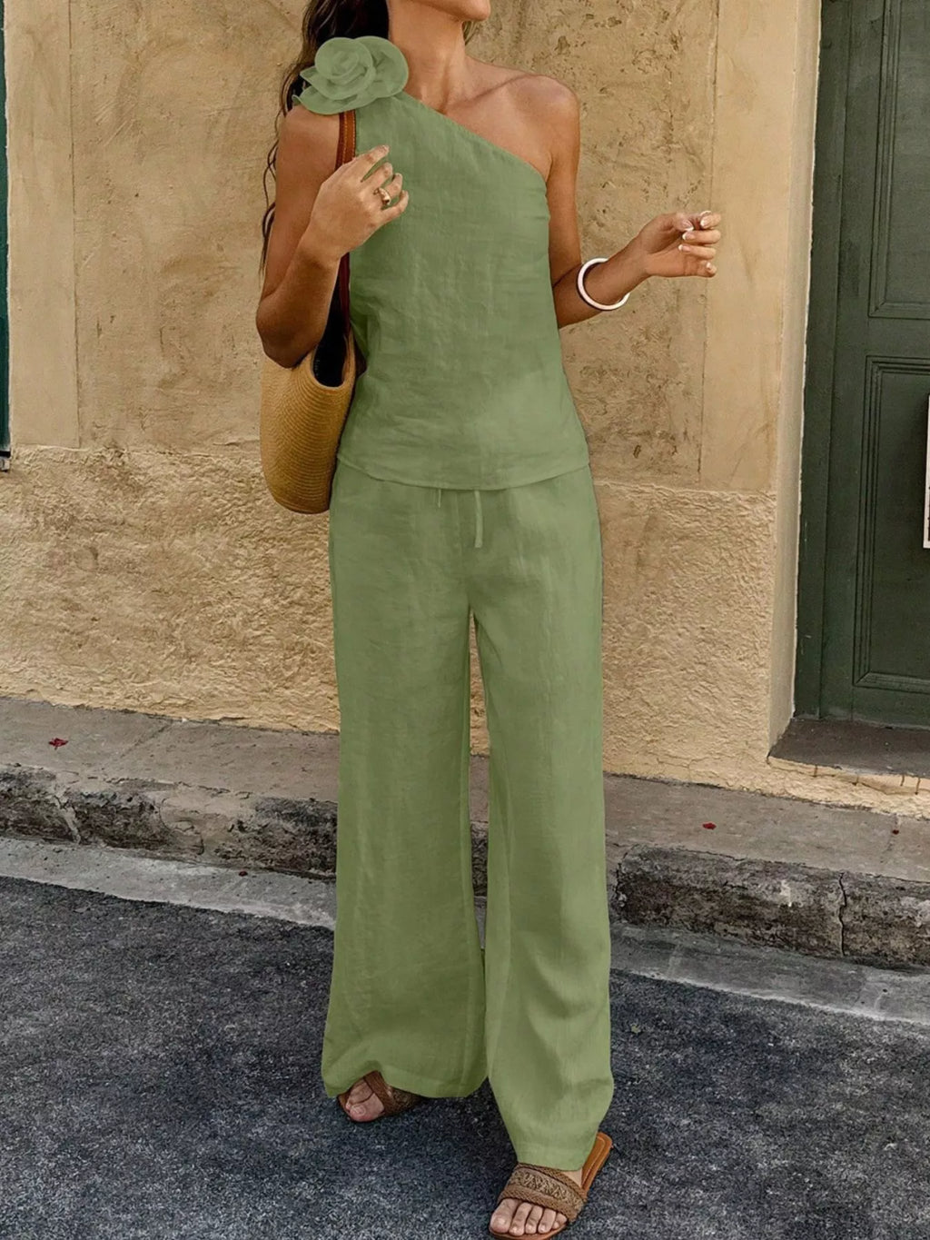 One-Shoulder Floral Embellished Top and Pants Set