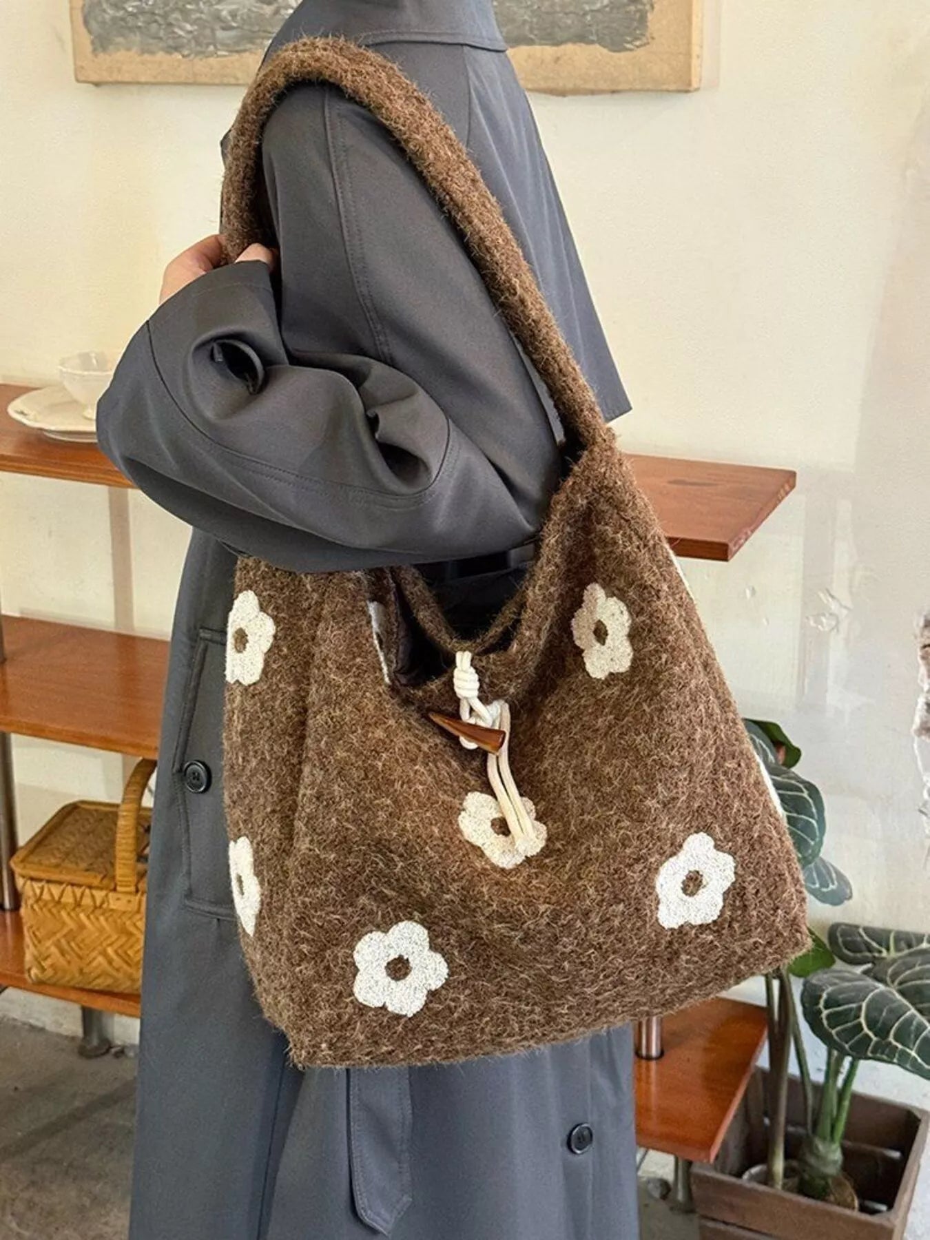 Floral Fuzzy Knit Tote Bag