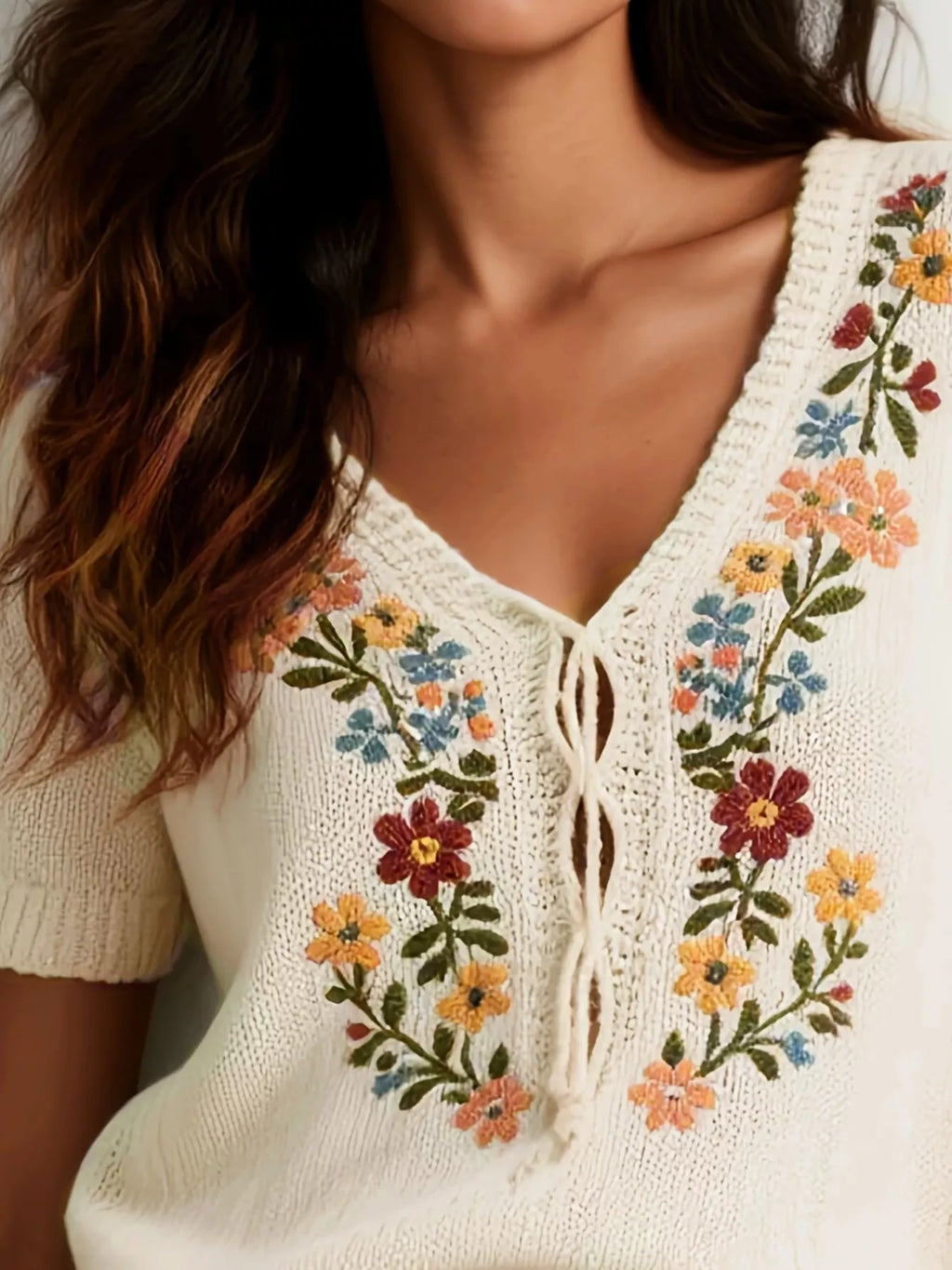 Floral Embroidered Short Sleeve Sweater