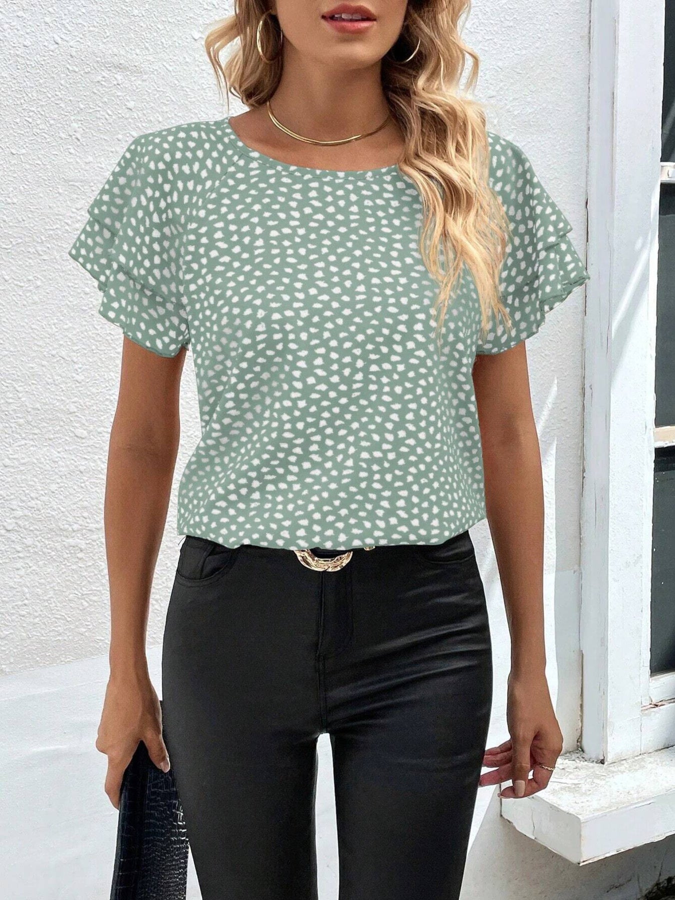Animal Print Ruffle Sleeve Blouse